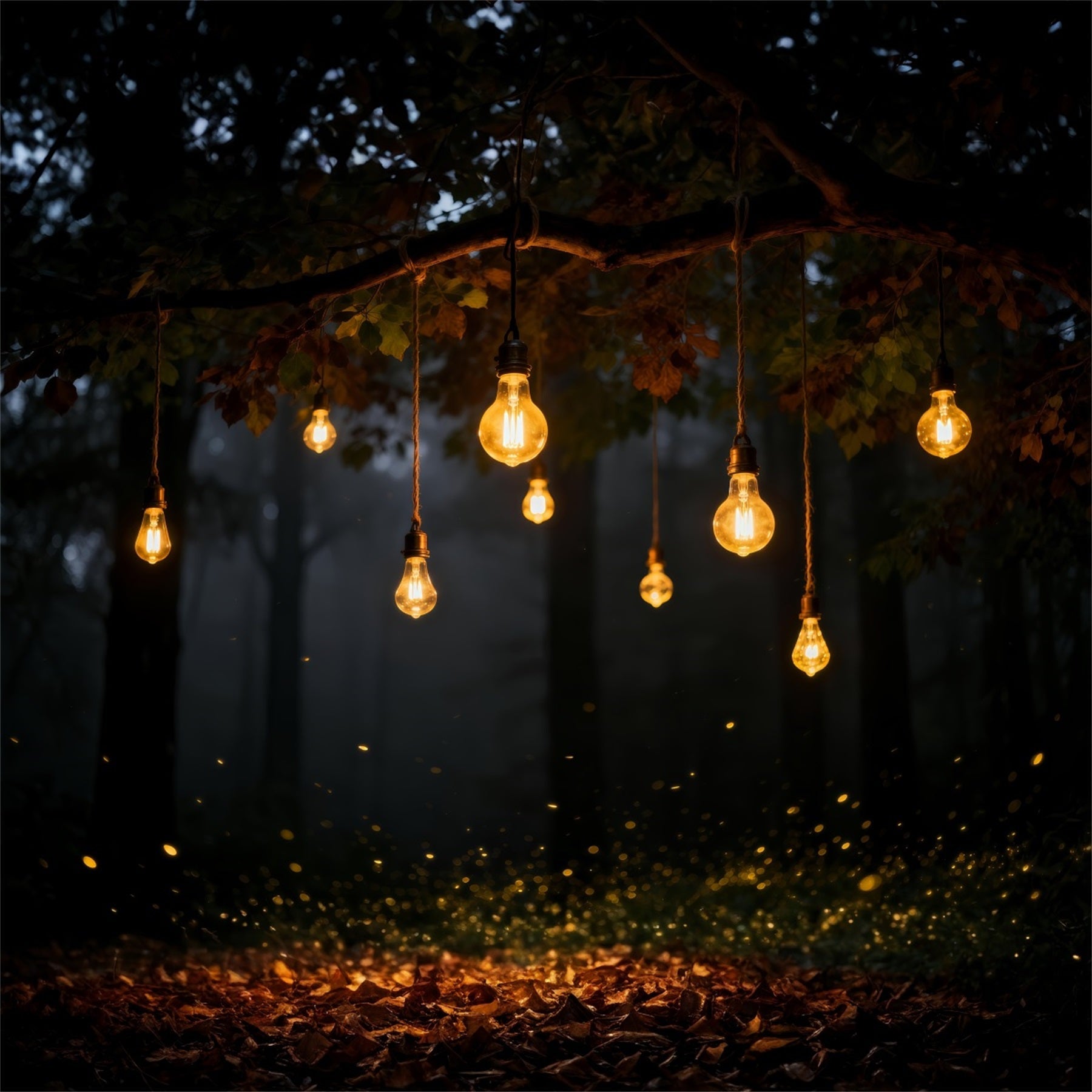 Photo Backdrop Forest Warm Hanging Bulbs Autumn Night Forest Photo Booth Backdrop UK RR63-137