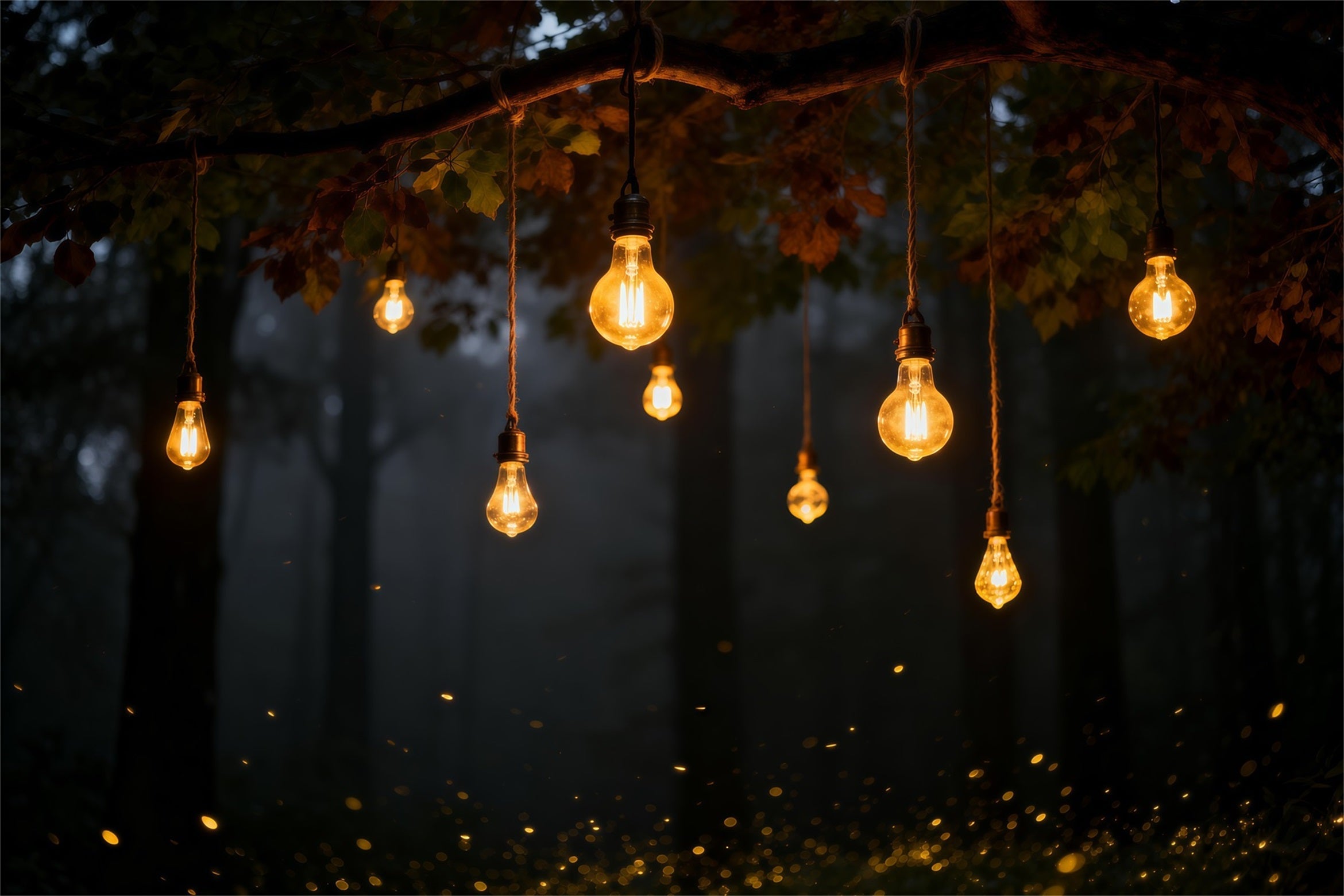 Photo Backdrop Forest Warm Hanging Bulbs Autumn Night Forest Photo Booth Backdrop UK RR63-137