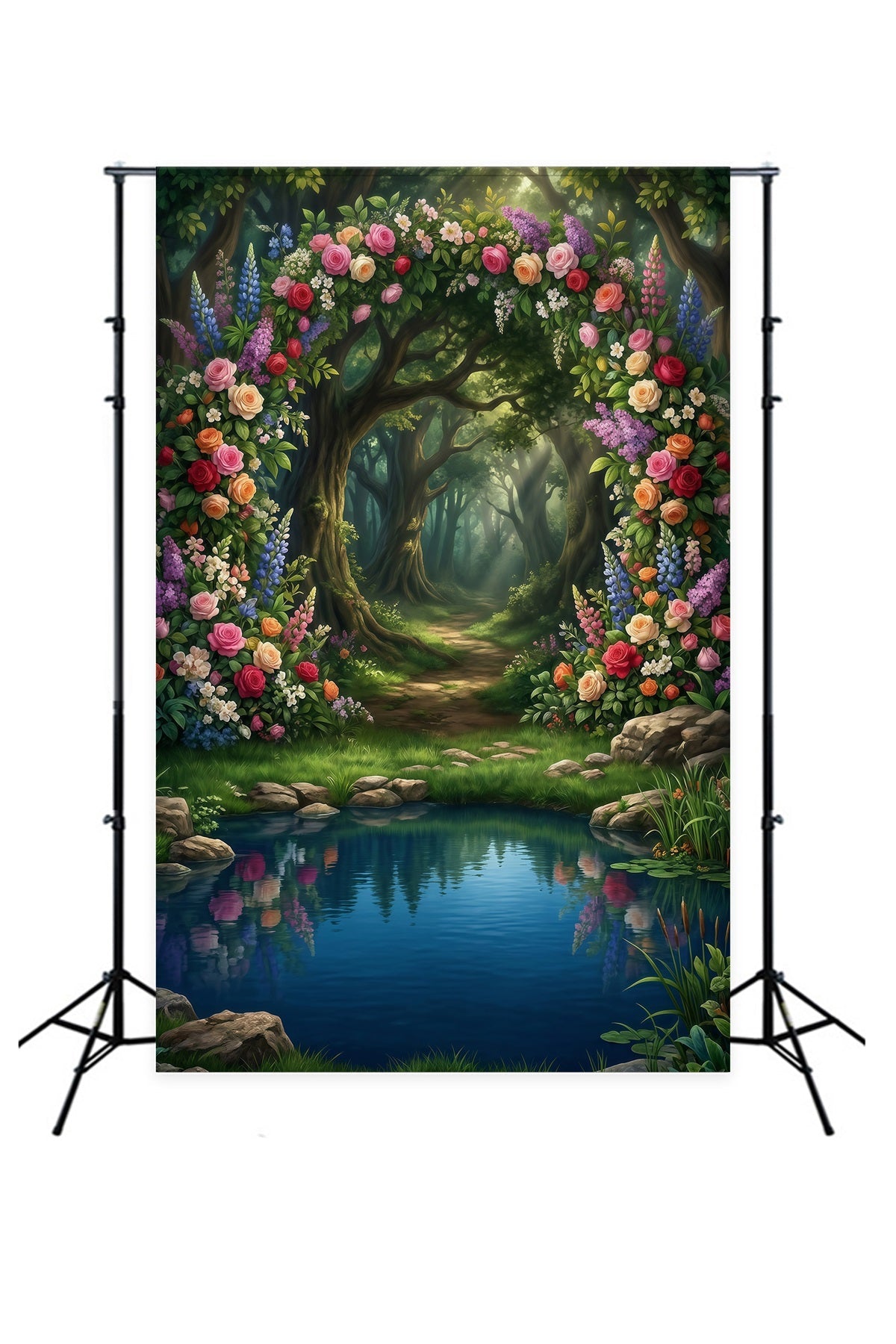 Forest Scene Backdrop Floral Arch Lake Reflection Woodland Path Fantasy Forest Backdrop UK RR63-138