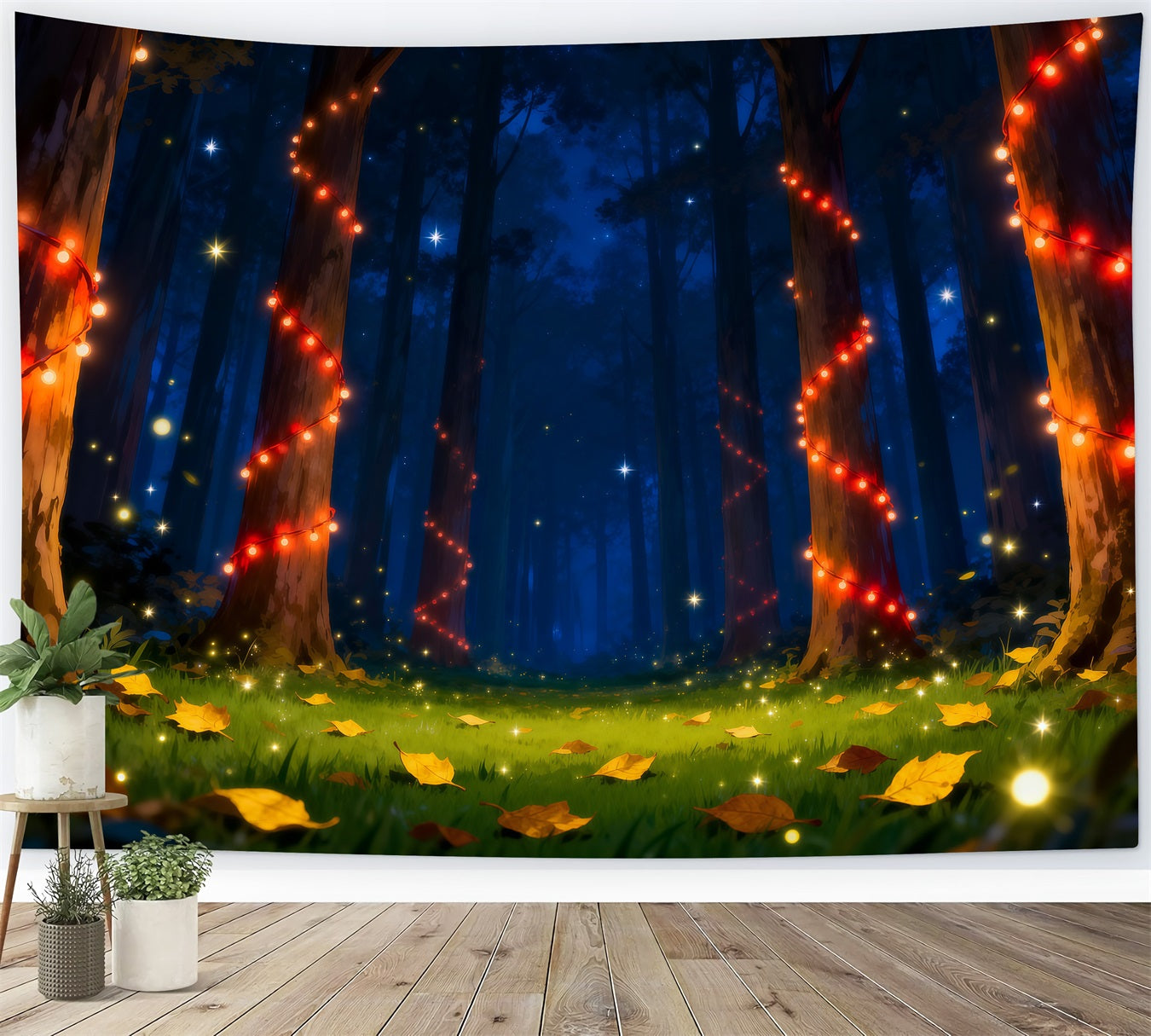 Backdrop Enchanted Forest Red String Lights Night Glowing Trees Night Forest Backdrop UK RR63-141