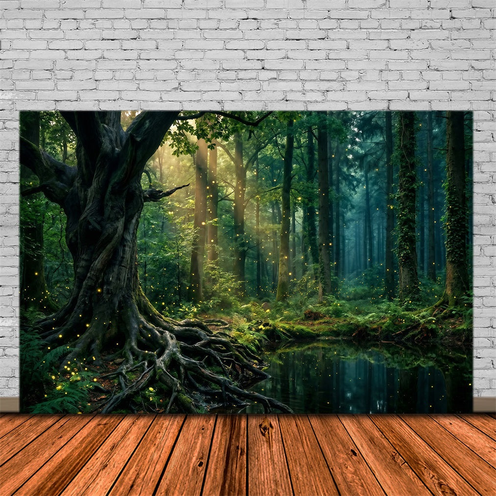 Rainforest Backdrops Sunlit Trees Pond Firefly Glow Roots Photo Backdrop Forest UK RR63-151