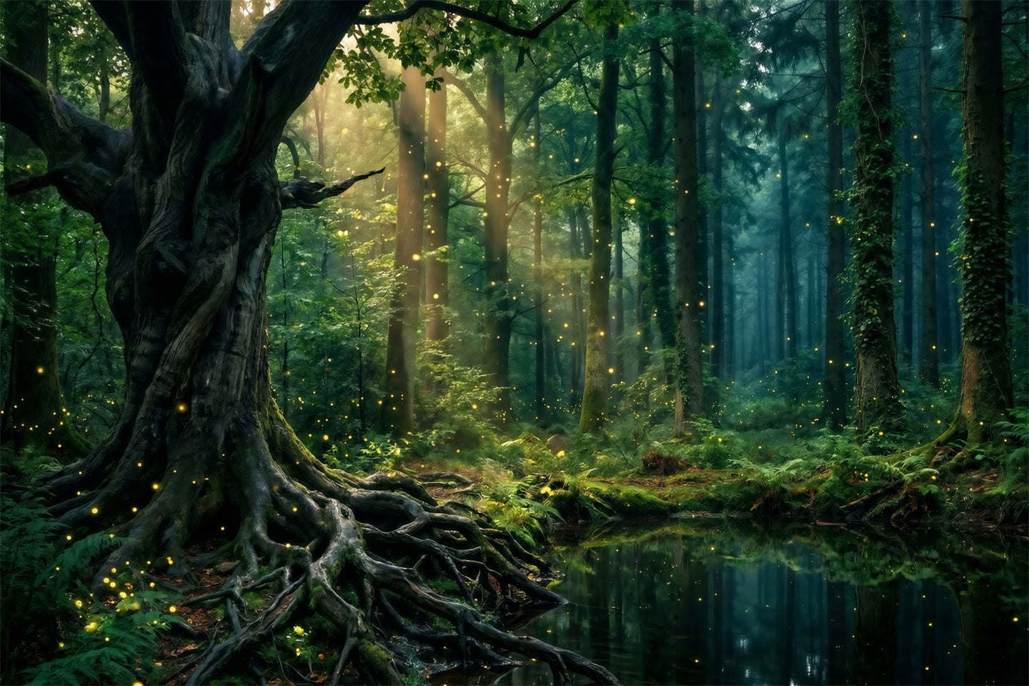 Rainforest Backdrops Sunlit Trees Pond Firefly Glow Roots Photo Backdrop Forest UK RR63-151