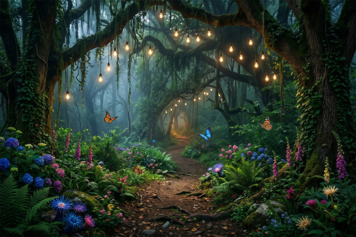 Photography Backdrop Forest Hanging Bulb Woodland Floral Pathway Fantasy Forest Backdrop UK RR63-152