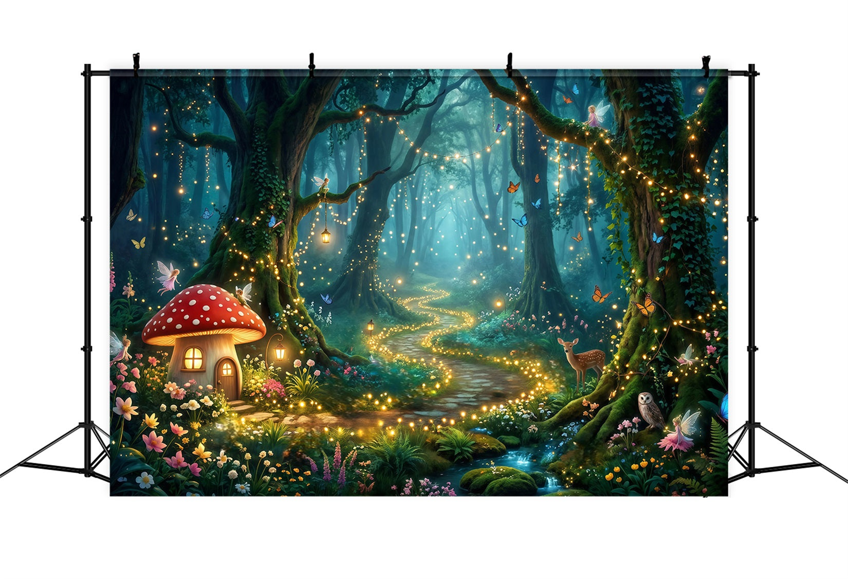 Enchanted Forest Backdrop Mushroom Cottage Glowing Pathway Forest Photo Booth Backdrop UK RR63-154