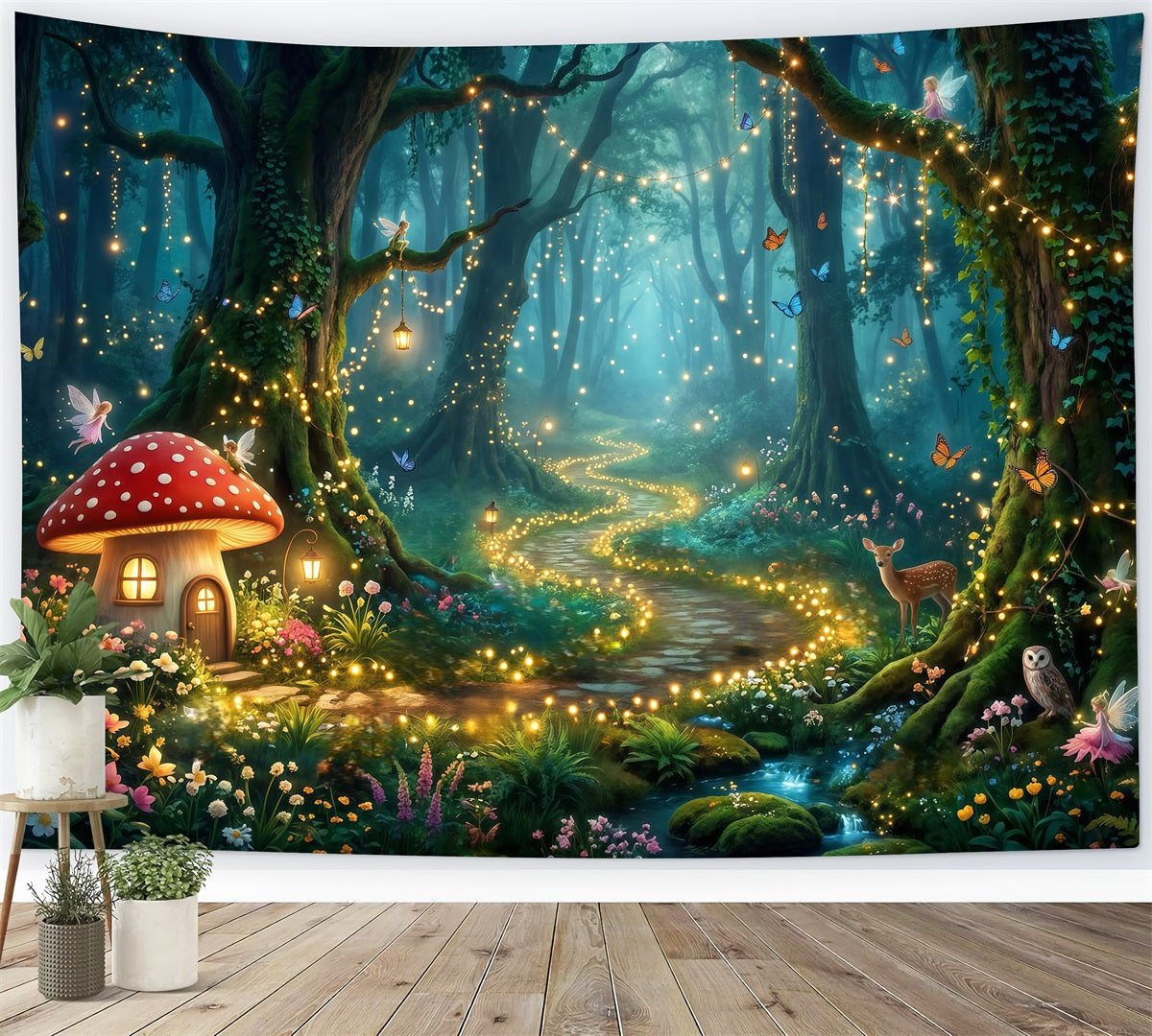 Enchanted Forest Backdrop Mushroom Cottage Glowing Pathway Forest Photo Booth Backdrop UK RR63-154
