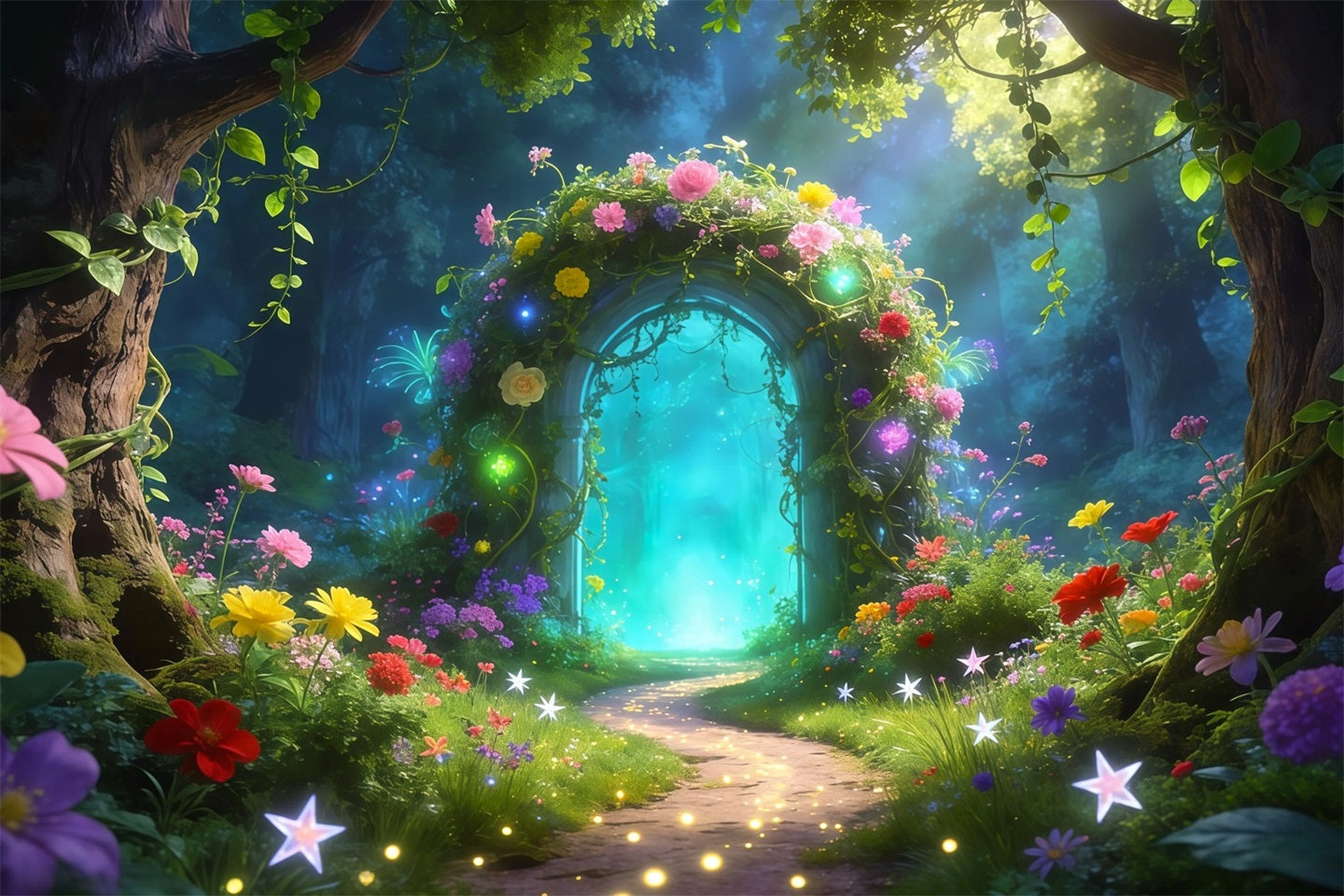 Photography Forest Backdrop Enchanted Floral Arch Glowing Magic Path Forest Green Backdrop UK RR63-157