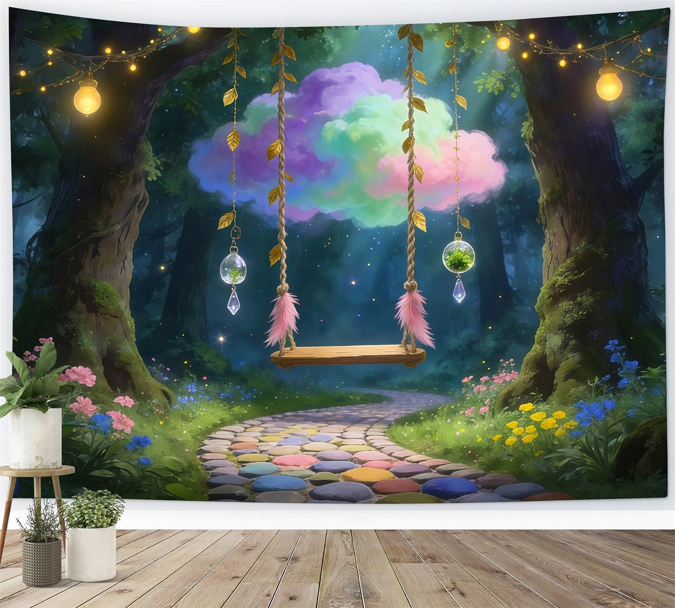 Enchanted Forest Photography Backdrop Dreamy Cloud Swing Hanging Crystal Forest Backdrop UK RR63-158