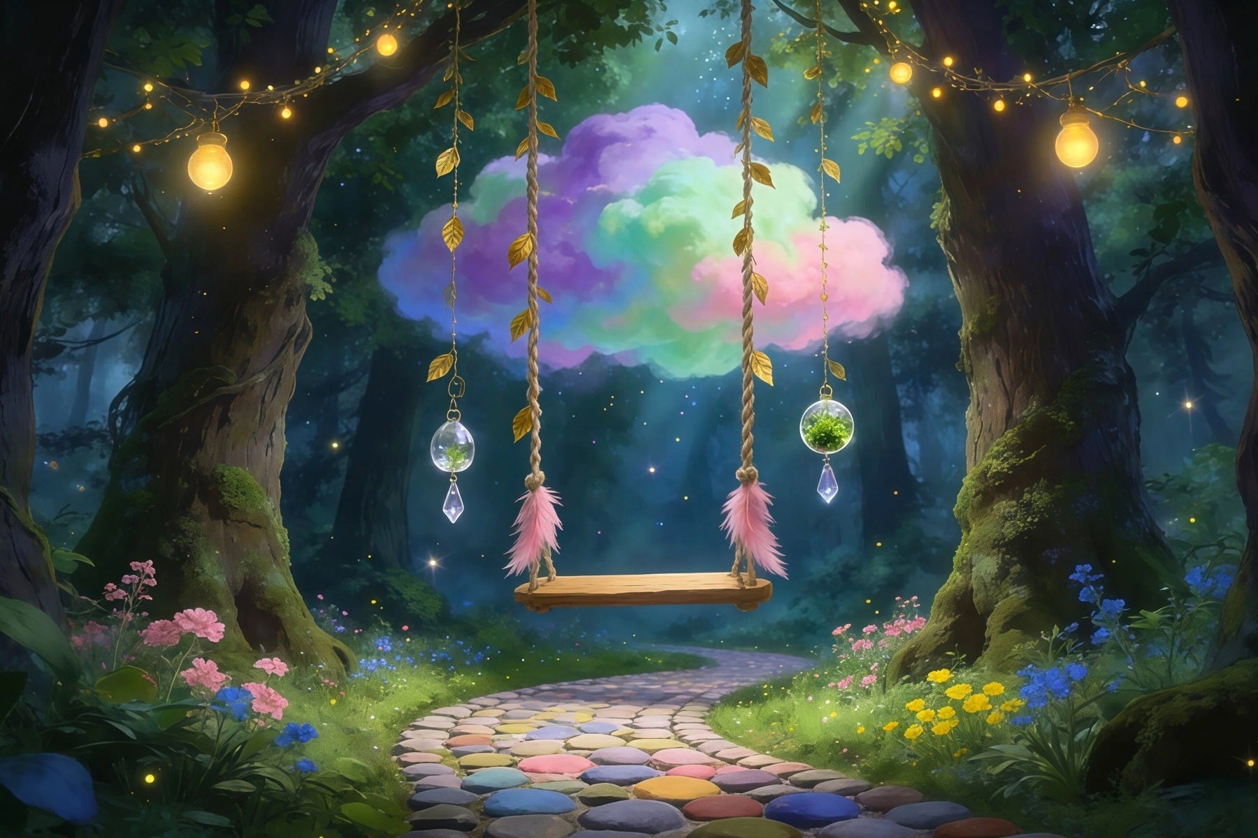 Enchanted Forest Photography Backdrop Dreamy Cloud Swing Hanging Crystal Forest Backdrop UK RR63-158