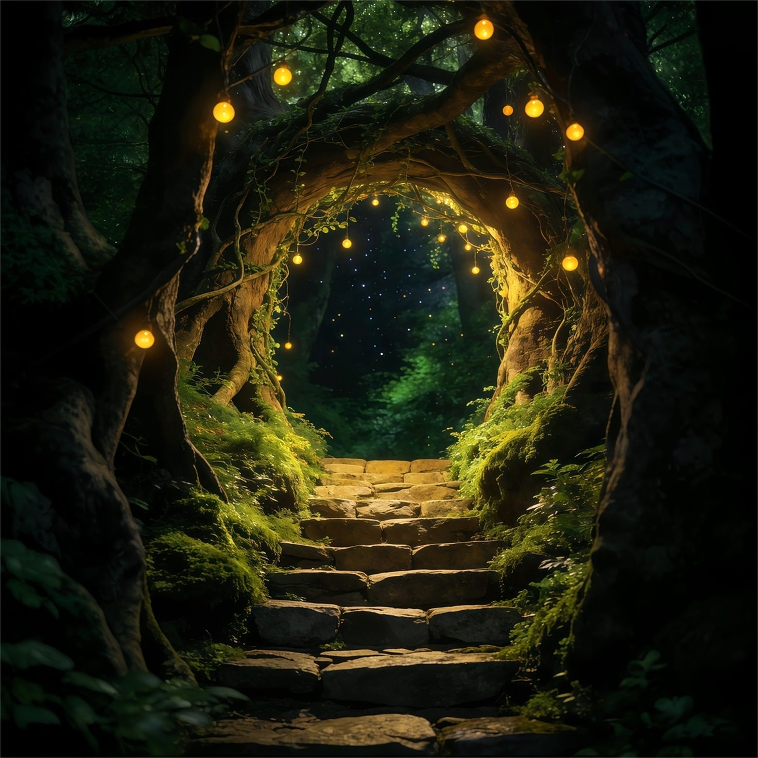 Forest Photo Booth Backdrop Enchanted Tree Arch Golden Hanging Lights Backdrop Forest UK RR63-163