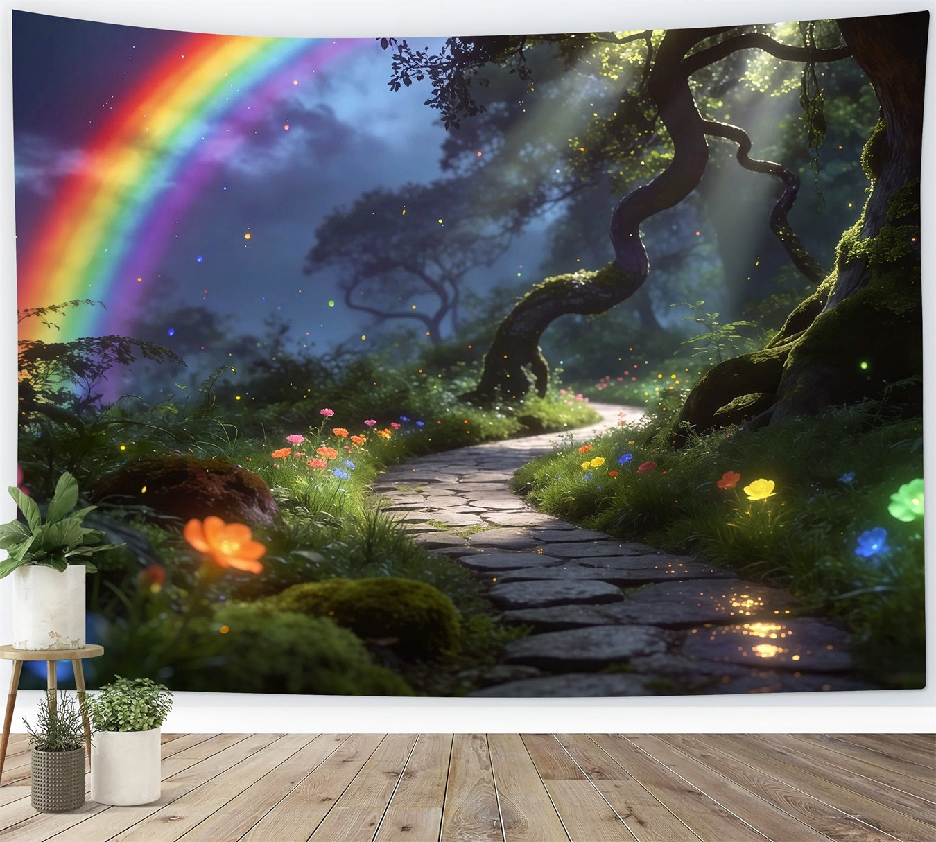 Enchanted Forest Backdrop Rainbow Sky Woodland Path Dream Glow Forest Photo Backdrops UK RR63-169