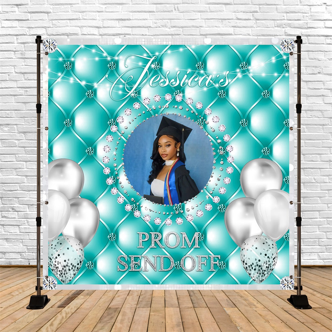 Backdrop For Prom Send Off Diamond Silver Balloons Teal Graduation Party Backdrop UK RR63-20