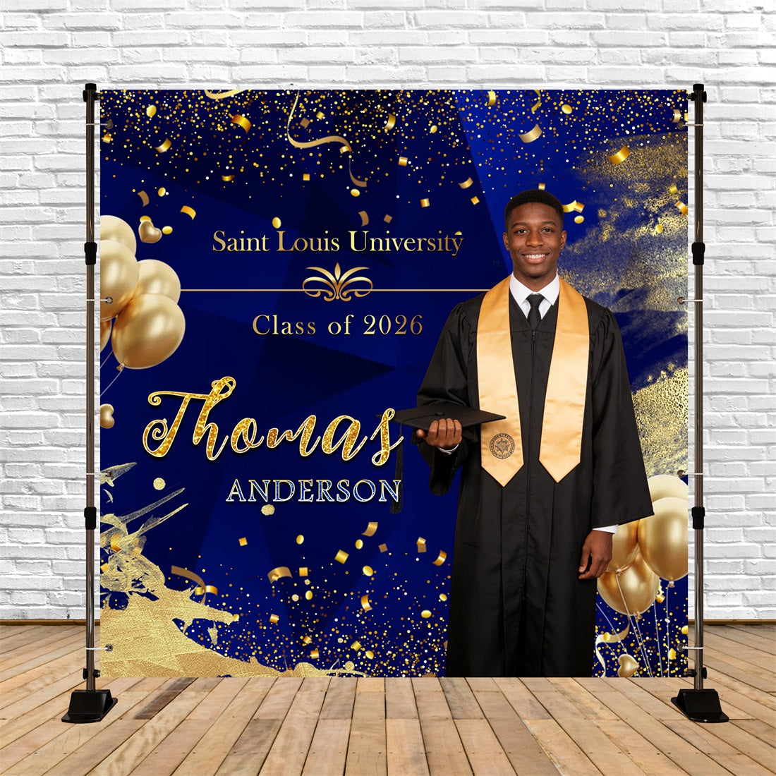 2026 Graduation Backdrop Royal Blue Gold Balloons Confetti Custom Graduation Party Backdrop UK RR63-31