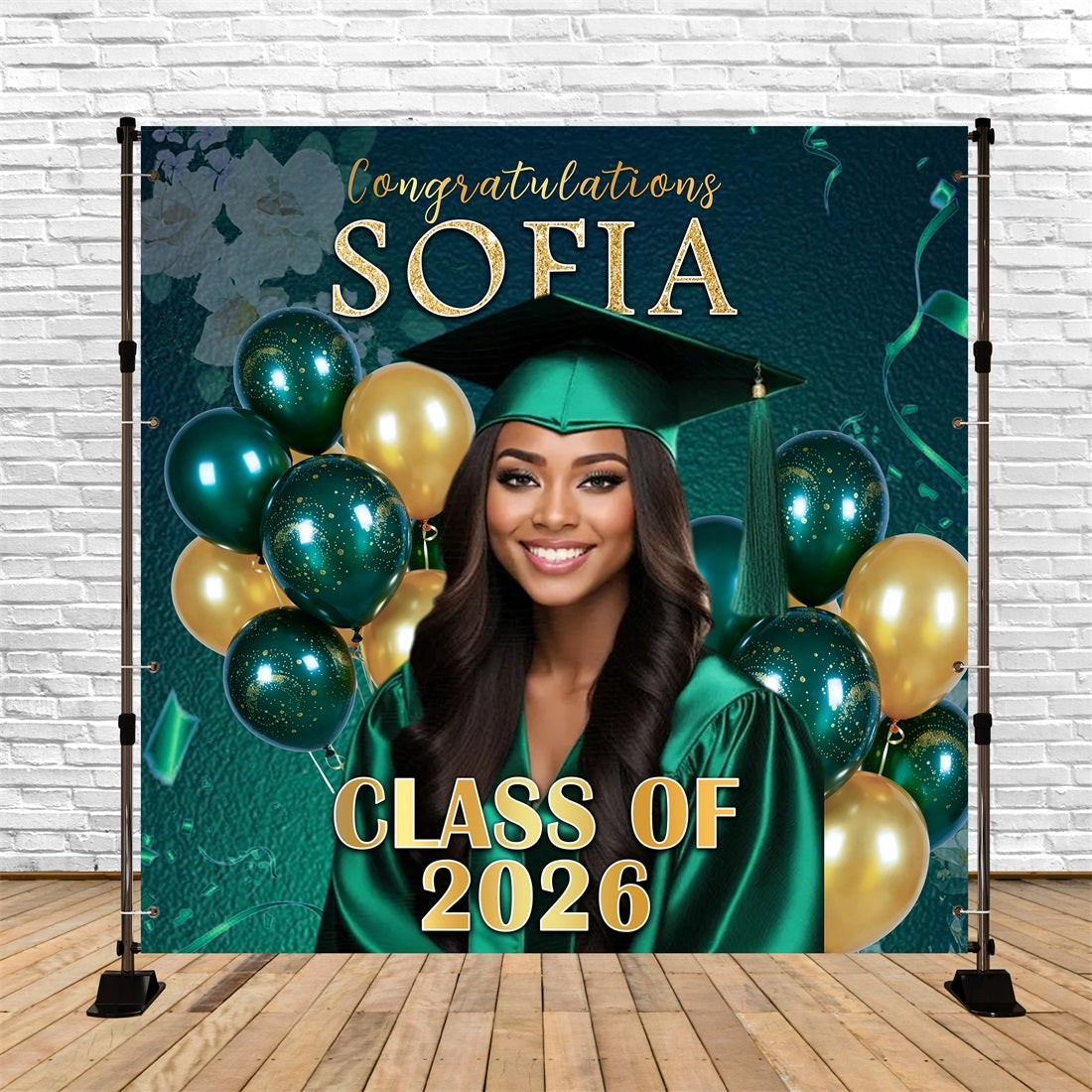 Metallic Balloons Graduation Backdrop Green Gold Decor Celebration 2026 Graduation Backdrop UK RR63-41