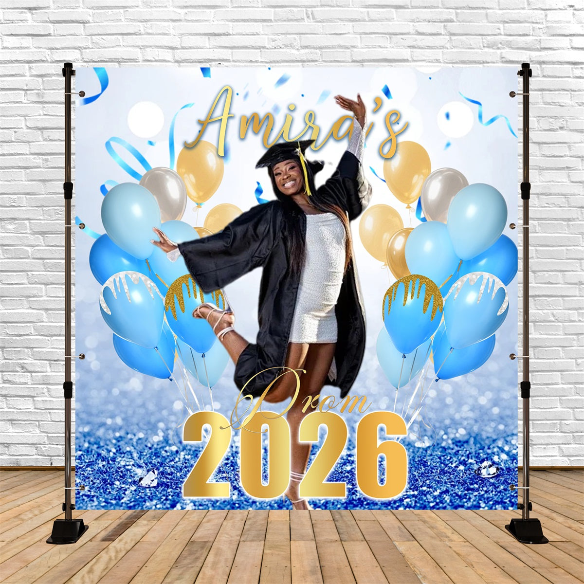 Balloons Prom Backdrop Blue Gold Prom Moment Prom 2026 Backdrop UK RR63-42