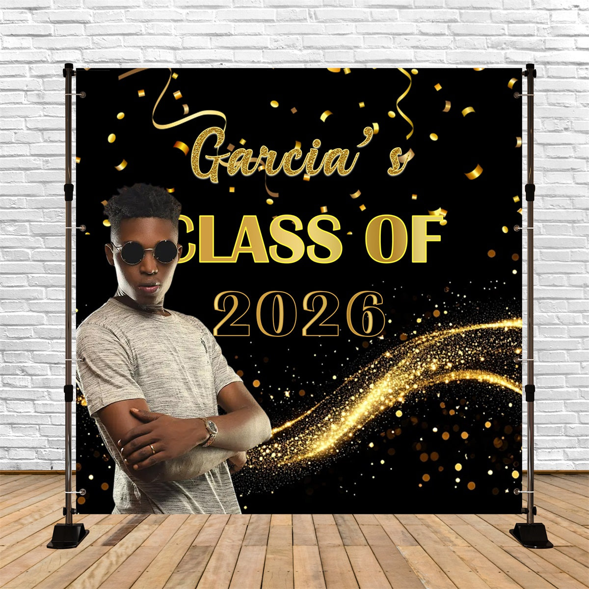 Black Gold Graduation Backdrop Gold Confetti Celebration Moment Graduation Backdrop Design UK RR63-45