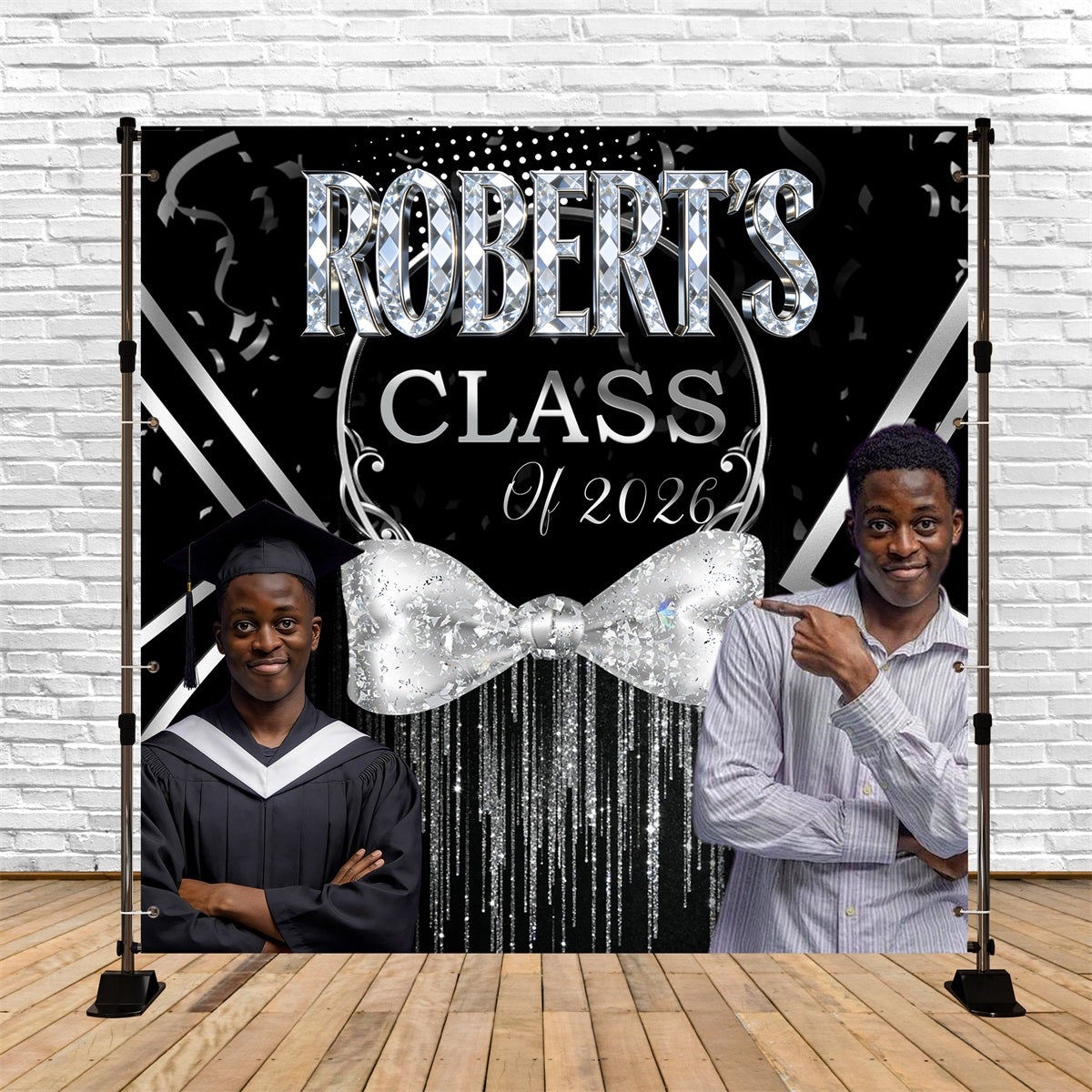 Dreamy Glow Graduation Backdrop Glitter Silver Bowtie Tassel School Graduation Backdrop Ideas UK RR63-51