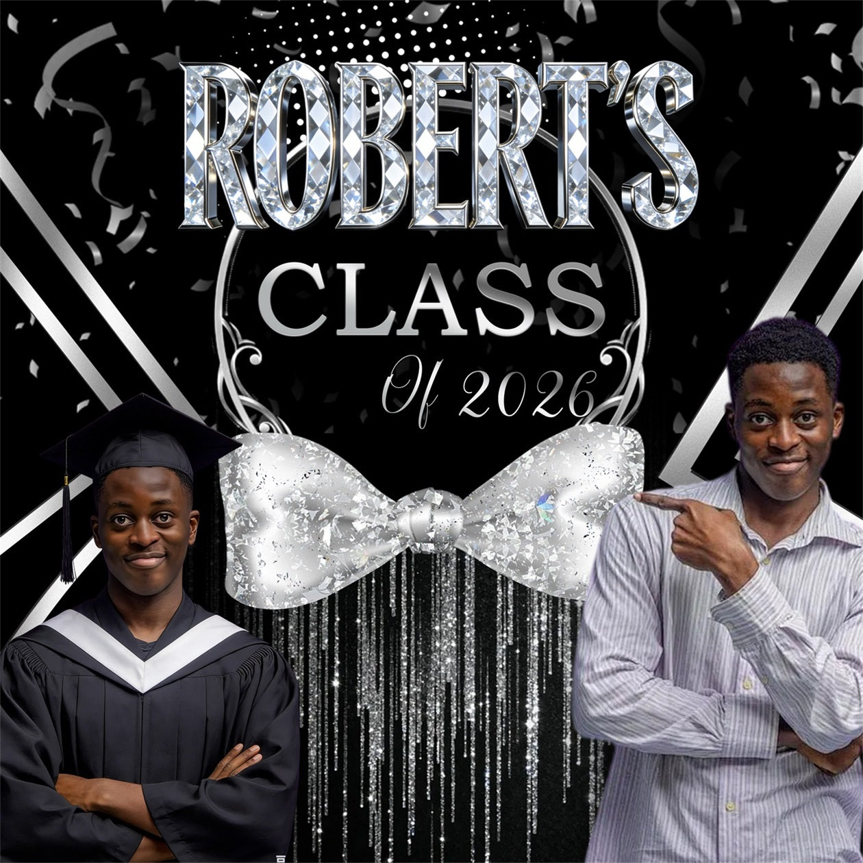 Dreamy Glow Graduation Backdrop Glitter Silver Bowtie Tassel School Graduation Backdrop Ideas UK RR63-51