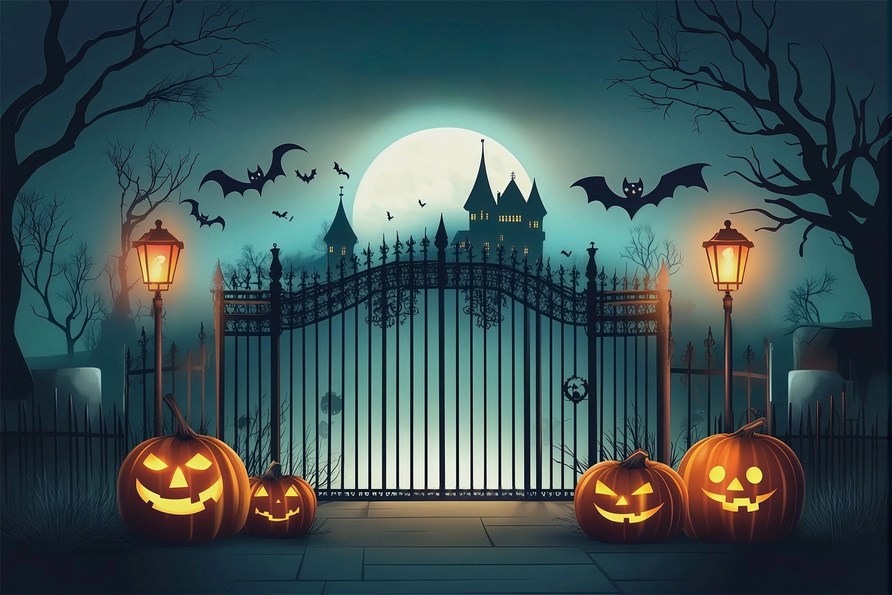 Halloween Backdrop Photo Haunted Castle Gate Pumpkins Halloween Party Backdrop UK RR67-10