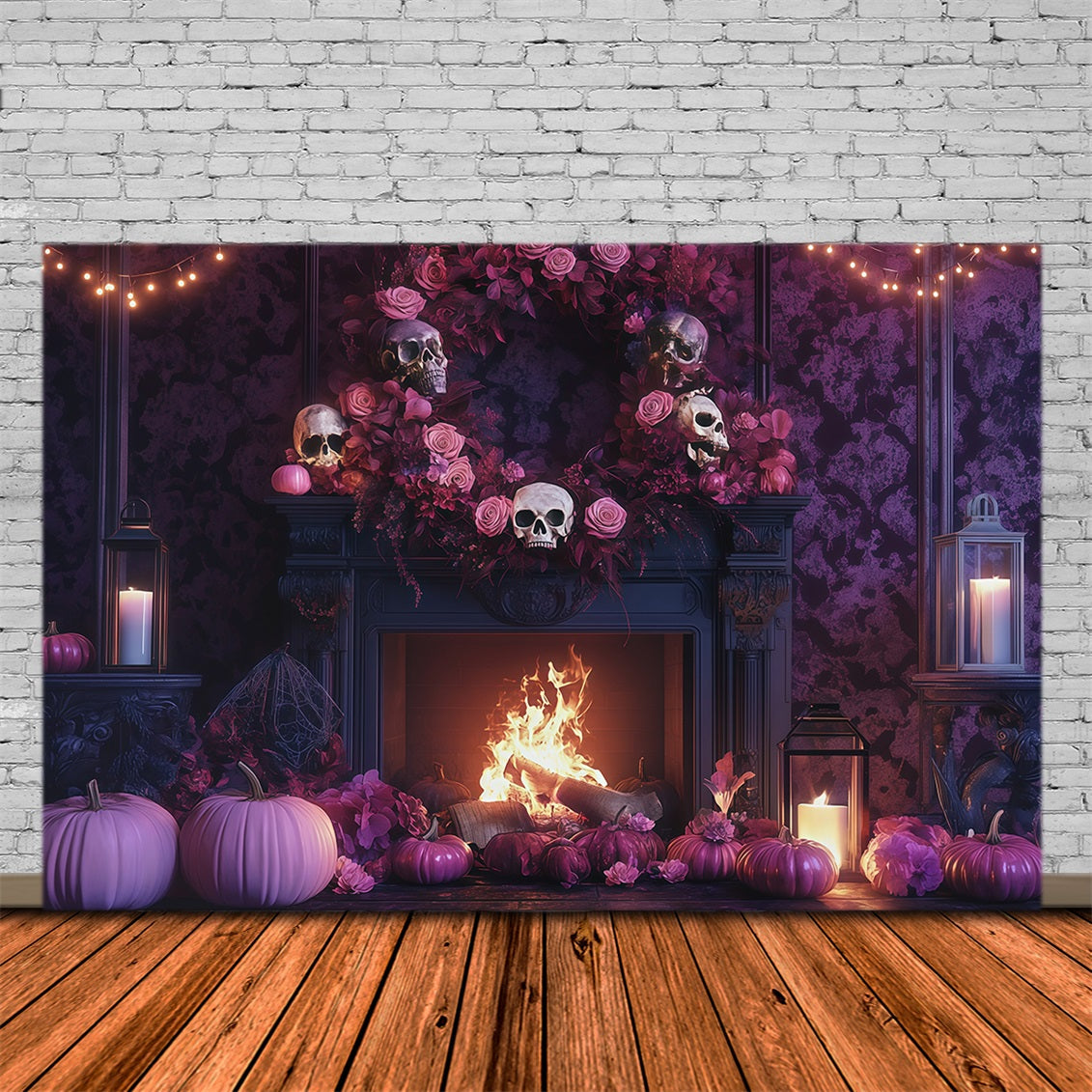 Halloween Theme Backdrop Skull Rose Fireplace Mantel Halloween Backdrop For Photos UK RR67-104
