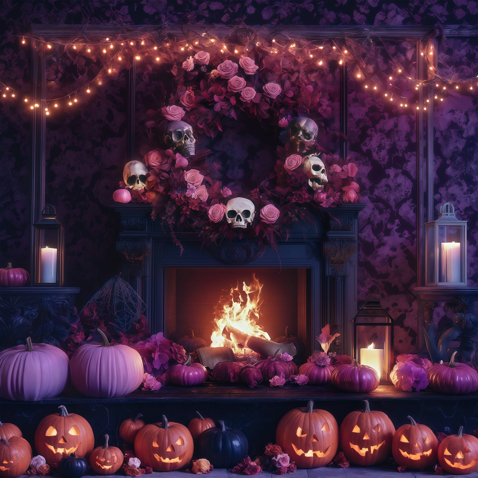 Halloween Theme Backdrop Skull Rose Fireplace Mantel Halloween Backdrop For Photos UK RR67-104