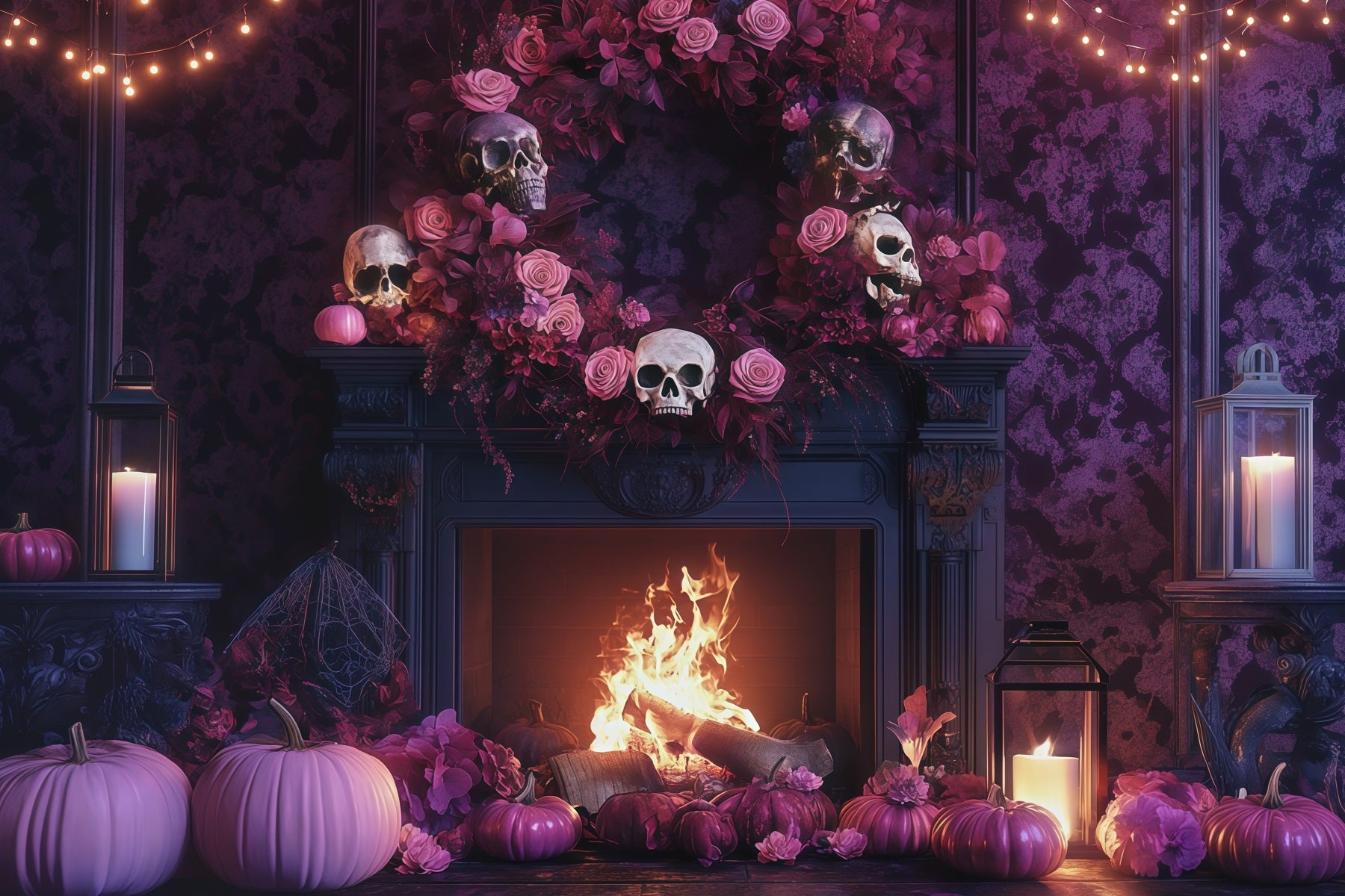 Halloween Theme Backdrop Skull Rose Fireplace Mantel Halloween Backdrop For Photos UK RR67-104