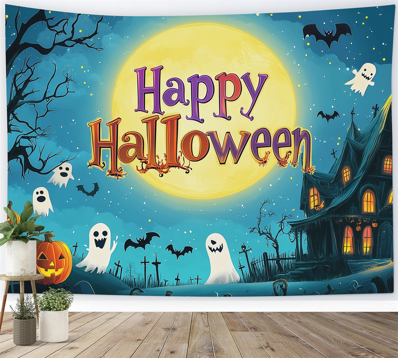 Halloween Party Backdrops Cartoon Moon Ghost House Halloween Photo Booth Backdrop UK RR67-107