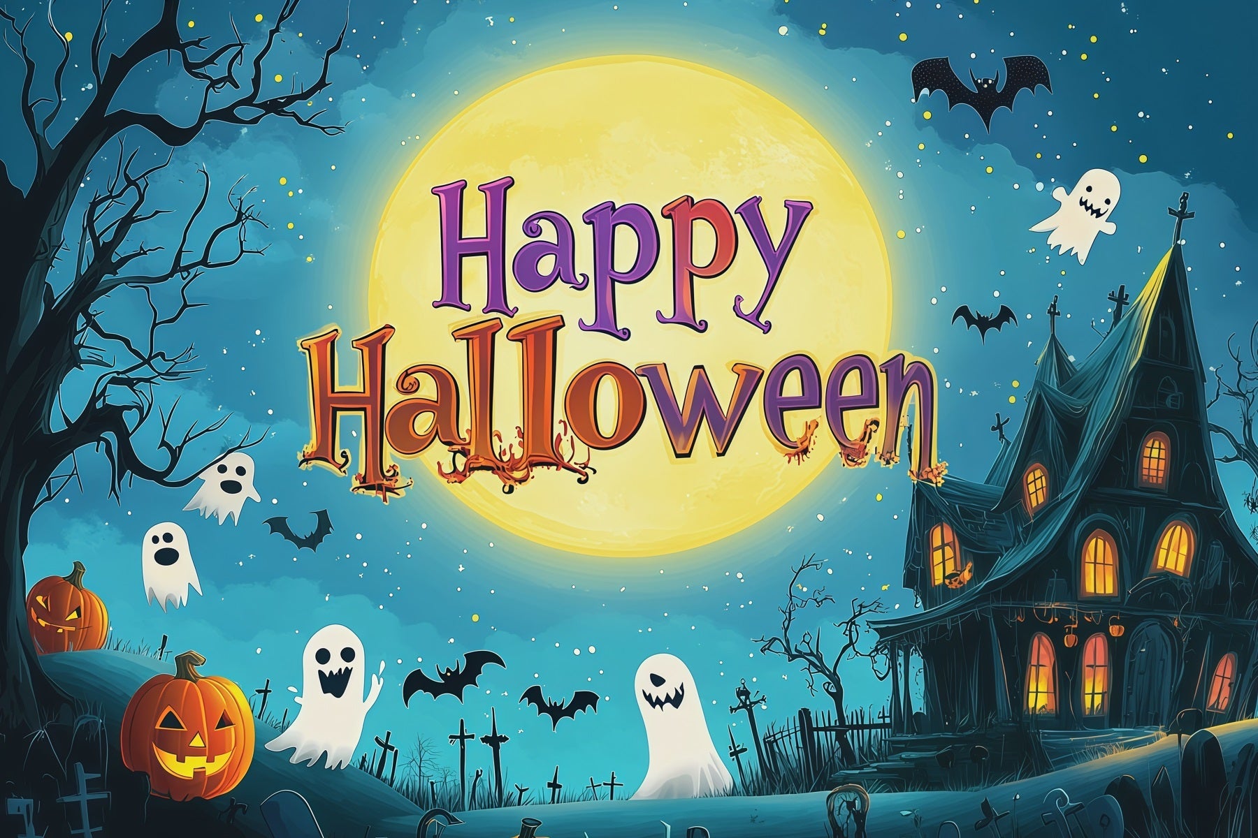 Halloween Party Backdrops Cartoon Moon Ghost House Halloween Photo Booth Backdrop UK RR67-107