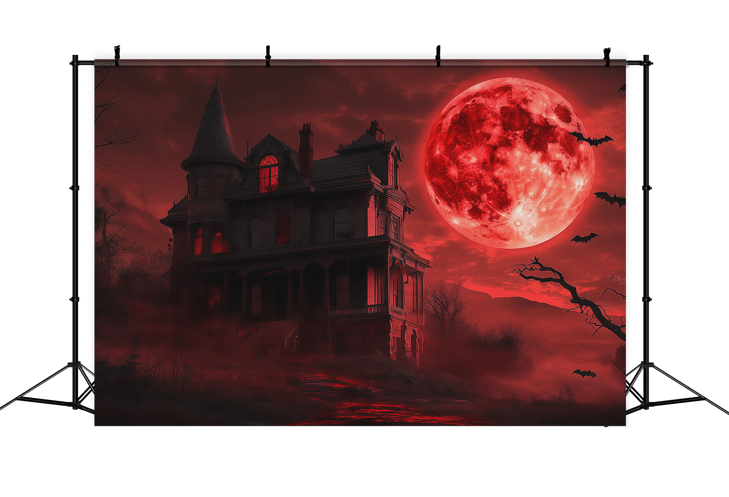 Halloween Moon Backdrop Blood Sky Haunted Mansion Halloween Photo Backdrops UK RR67-108