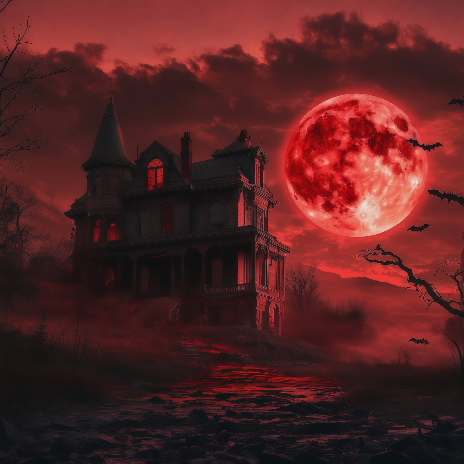Halloween Moon Backdrop Blood Sky Haunted Mansion Halloween Photo Backdrops UK RR67-108