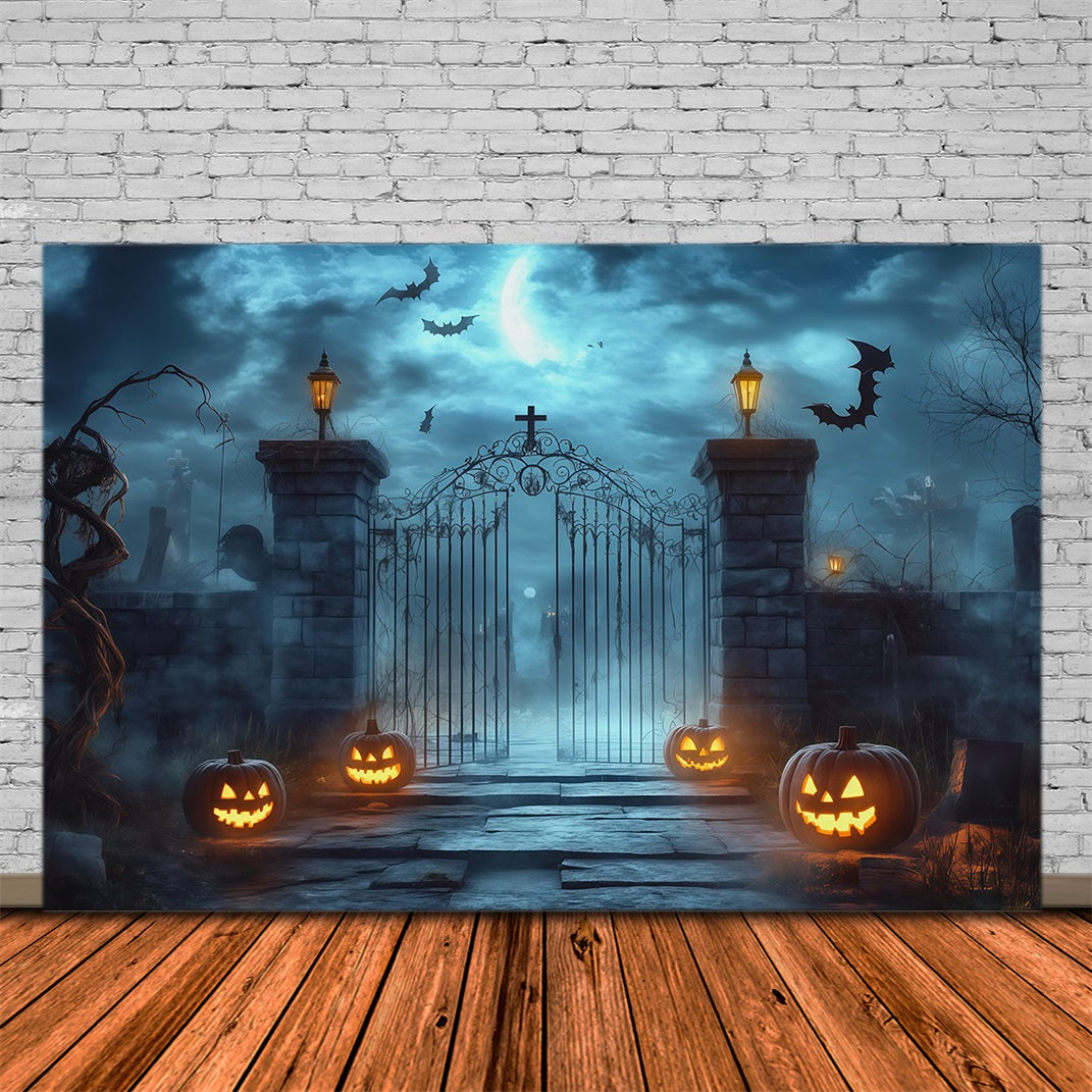 Halloween Outdoor Backdrop Foggy Cemetery Gate Pumpkins Halloween Backdrops For Photos UK RR67-11