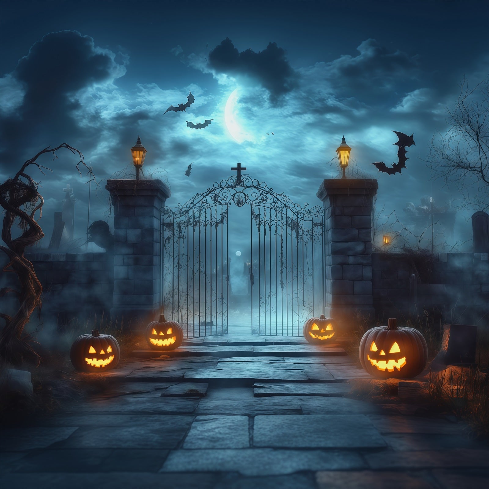 Halloween Outdoor Backdrop Foggy Cemetery Gate Pumpkins Halloween Backdrops For Photos UK RR67-11