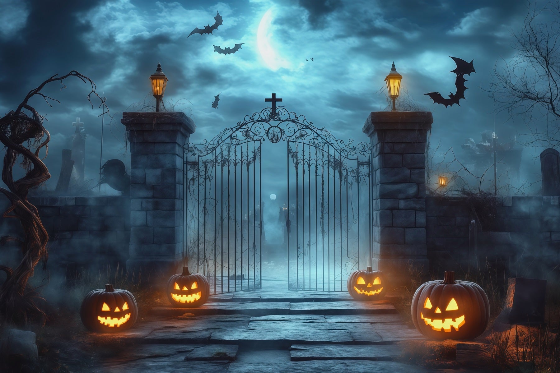 Halloween Outdoor Backdrop Foggy Cemetery Gate Pumpkins Halloween Backdrops For Photos UK RR67-11