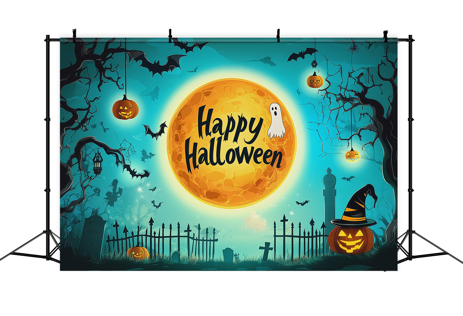Halloween Backdrop Photo Teal Moon Cemetery Silhouette Halloween Party Backdrop UK RR67-110