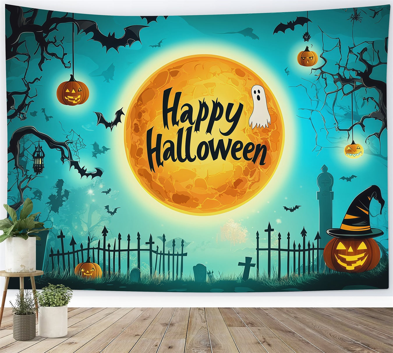 Halloween Backdrop Photo Teal Moon Cemetery Silhouette Halloween Party Backdrop UK RR67-110