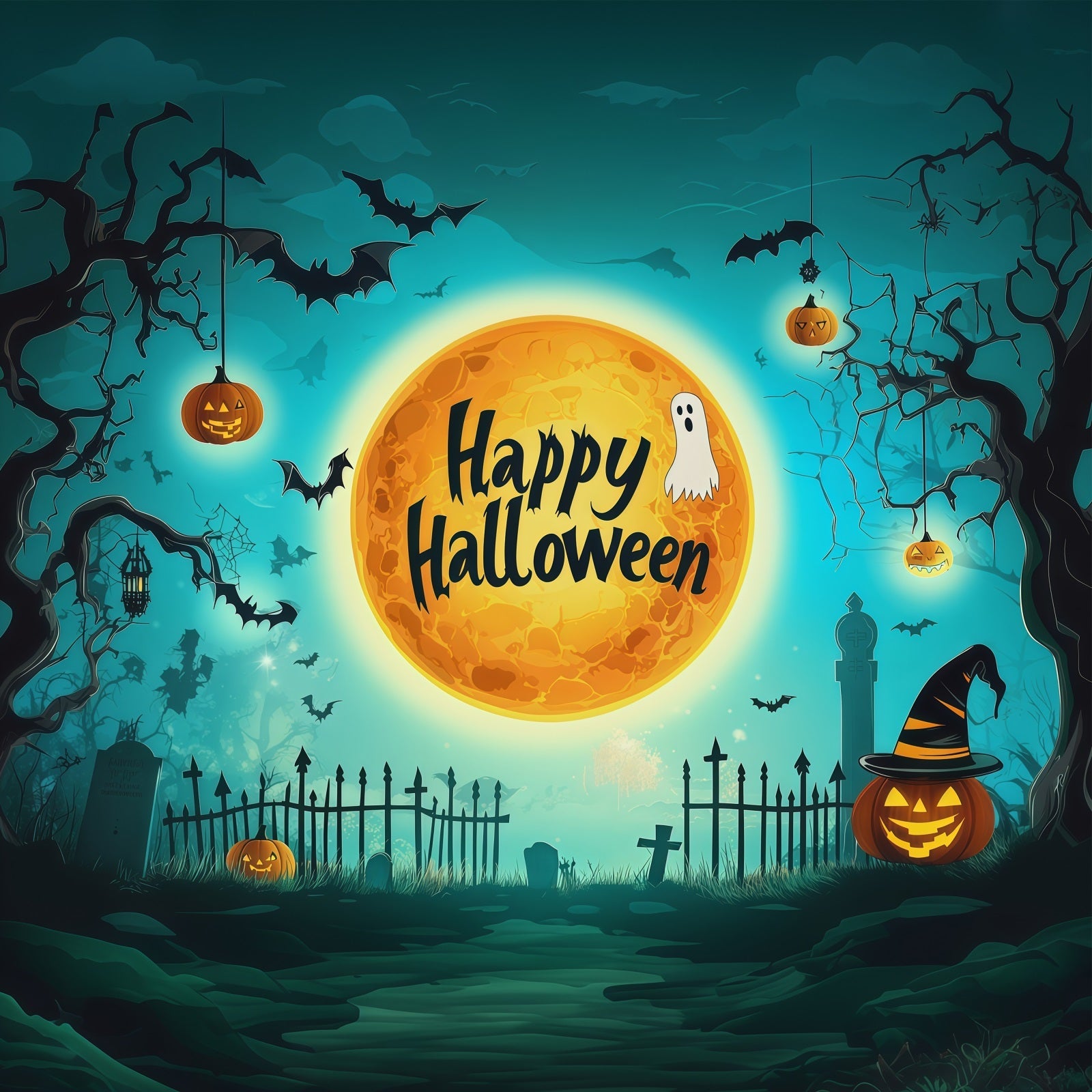 Halloween Backdrop Photo Teal Moon Cemetery Silhouette Halloween Party Backdrop UK RR67-110