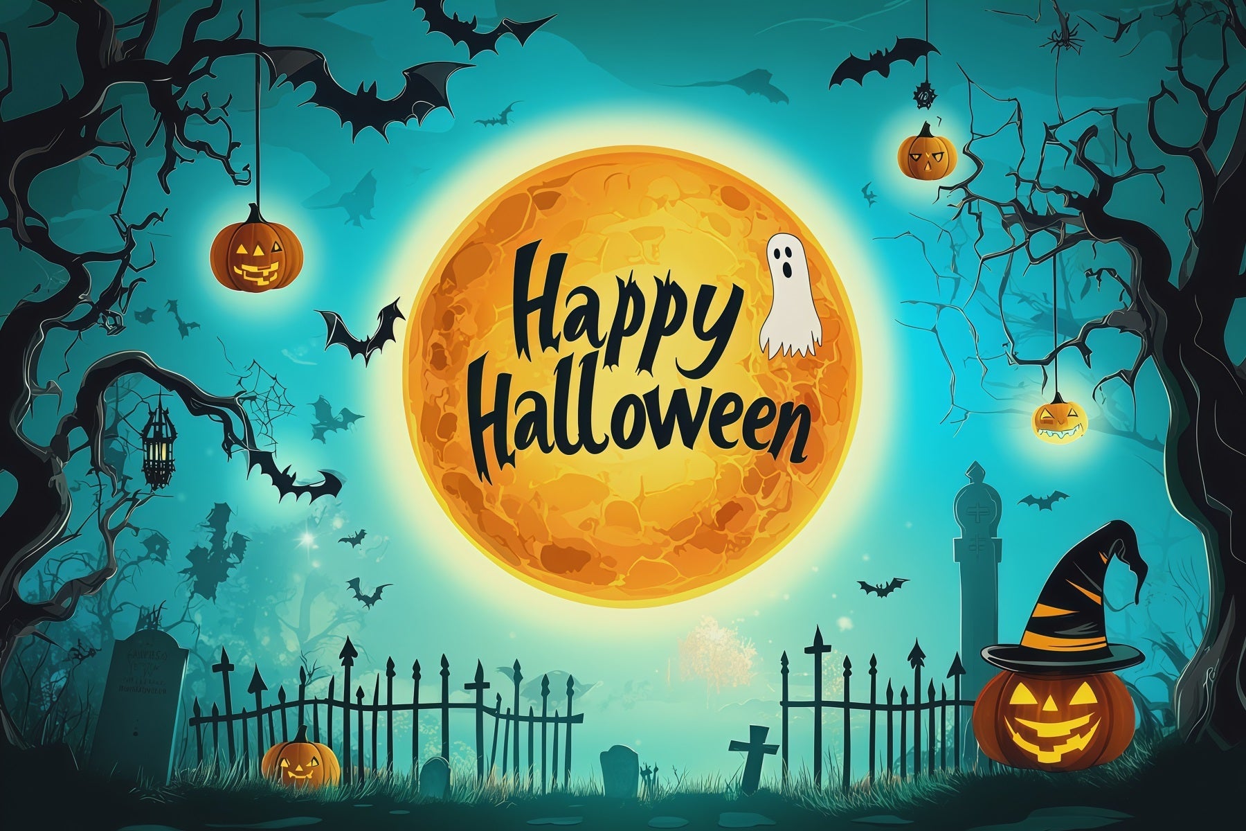 Halloween Backdrop Photo Teal Moon Cemetery Silhouette Halloween Party Backdrop UK RR67-110