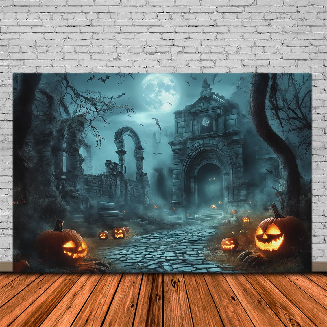 Halloween Outdoor Backdrop Moonlit Ruins Pumpkin Path Halloween Backdrops For Photos UK RR67-111