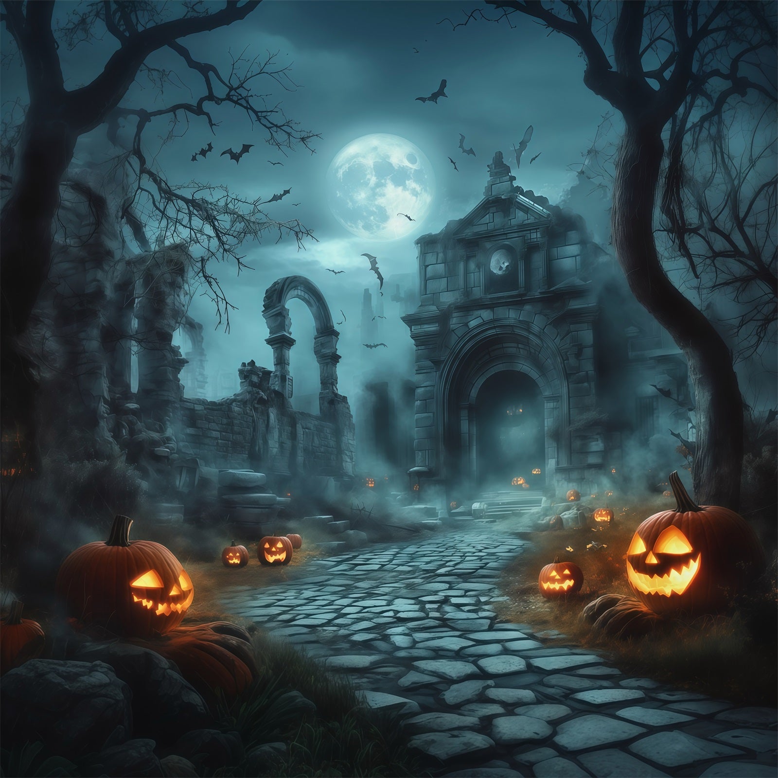 Halloween Outdoor Backdrop Moonlit Ruins Pumpkin Path Halloween Backdrops For Photos UK RR67-111