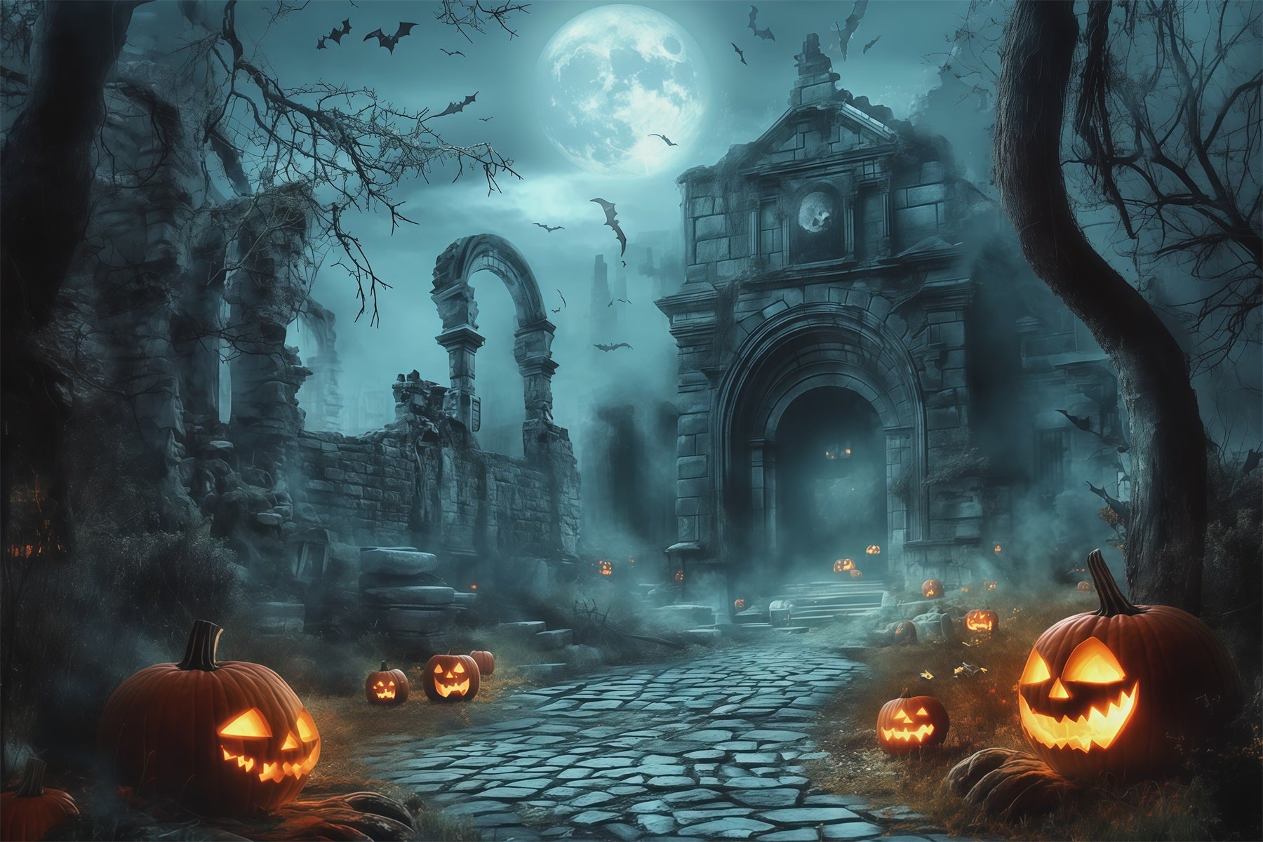 Halloween Outdoor Backdrop Moonlit Ruins Pumpkin Path Halloween Backdrops For Photos UK RR67-111
