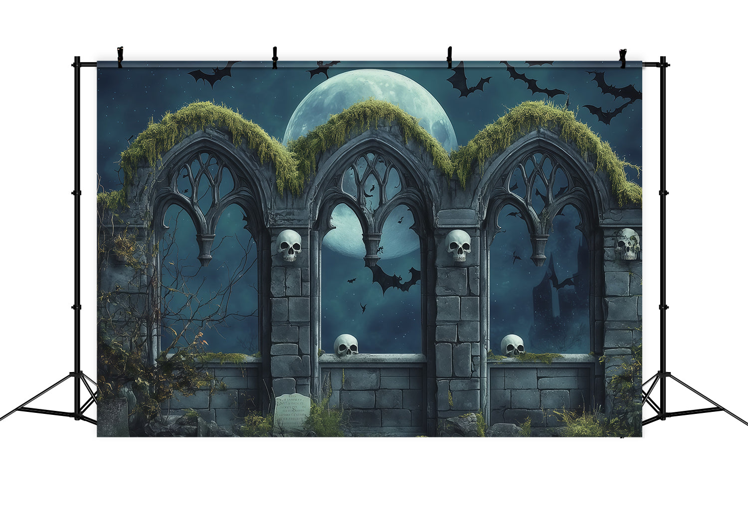 Custom Halloween Backdrop Gothic Skull Moon Arches Halloween Graveyard Backdrop UK RR67-114