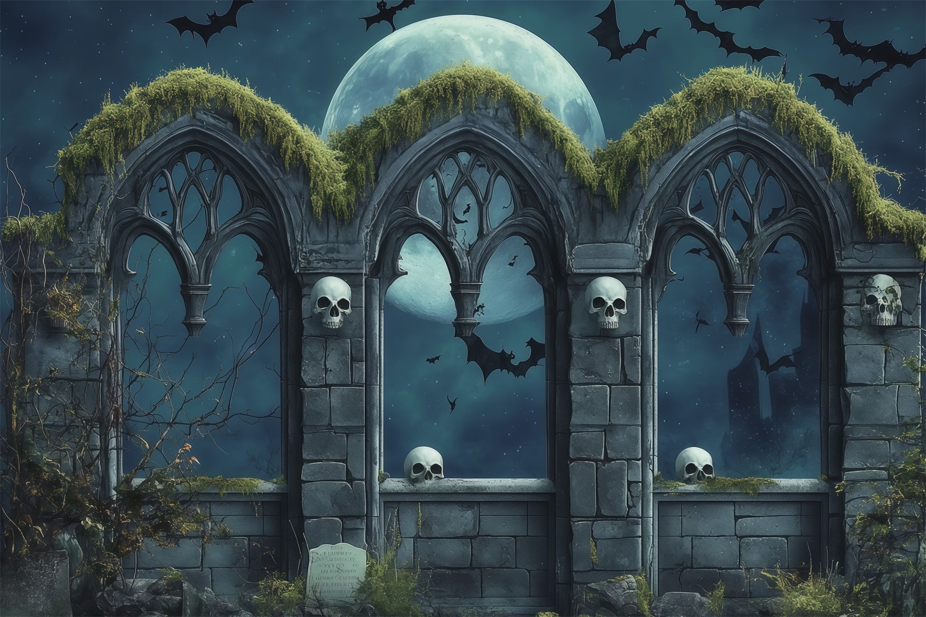 Custom Halloween Backdrop Gothic Skull Moon Arches Halloween Graveyard Backdrop UK RR67-114