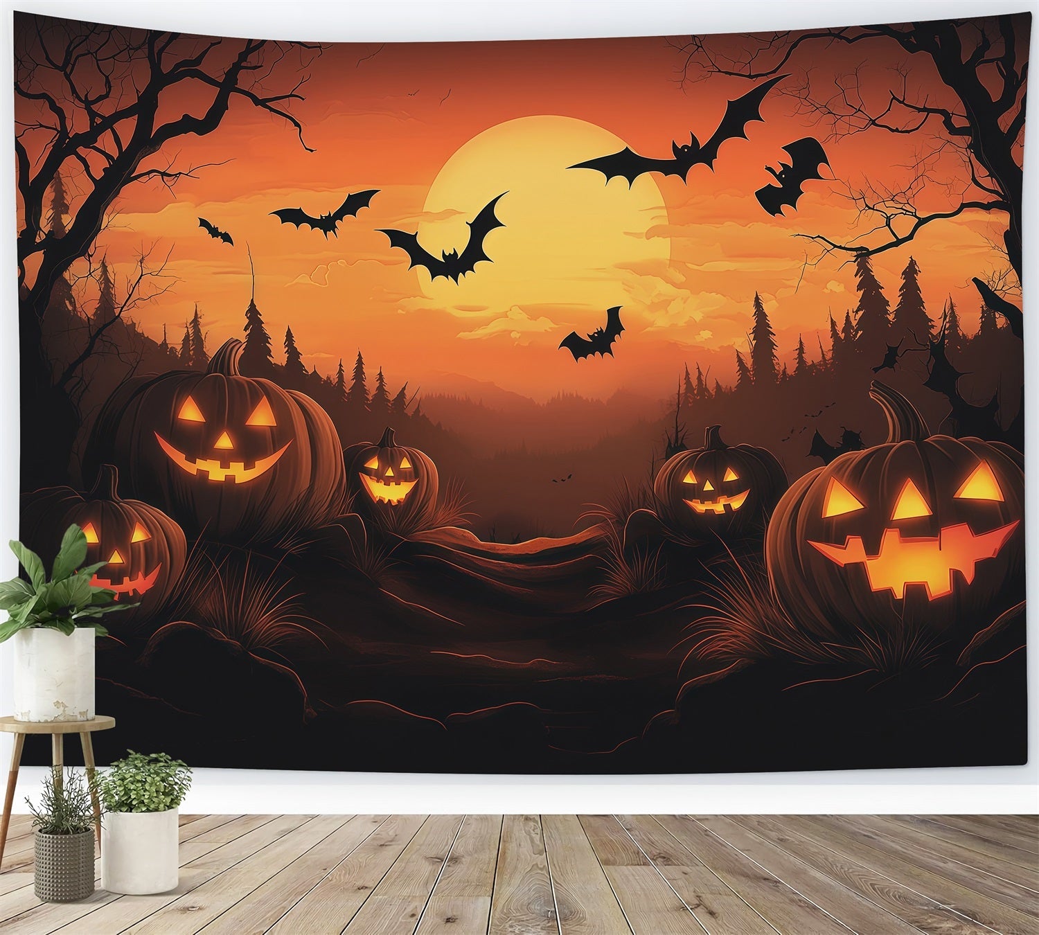 Photo Booth Halloween Backdrop Ideas Sunset Pumpkin Bat Forest Halloween Picture Backdrop UK RR67-115