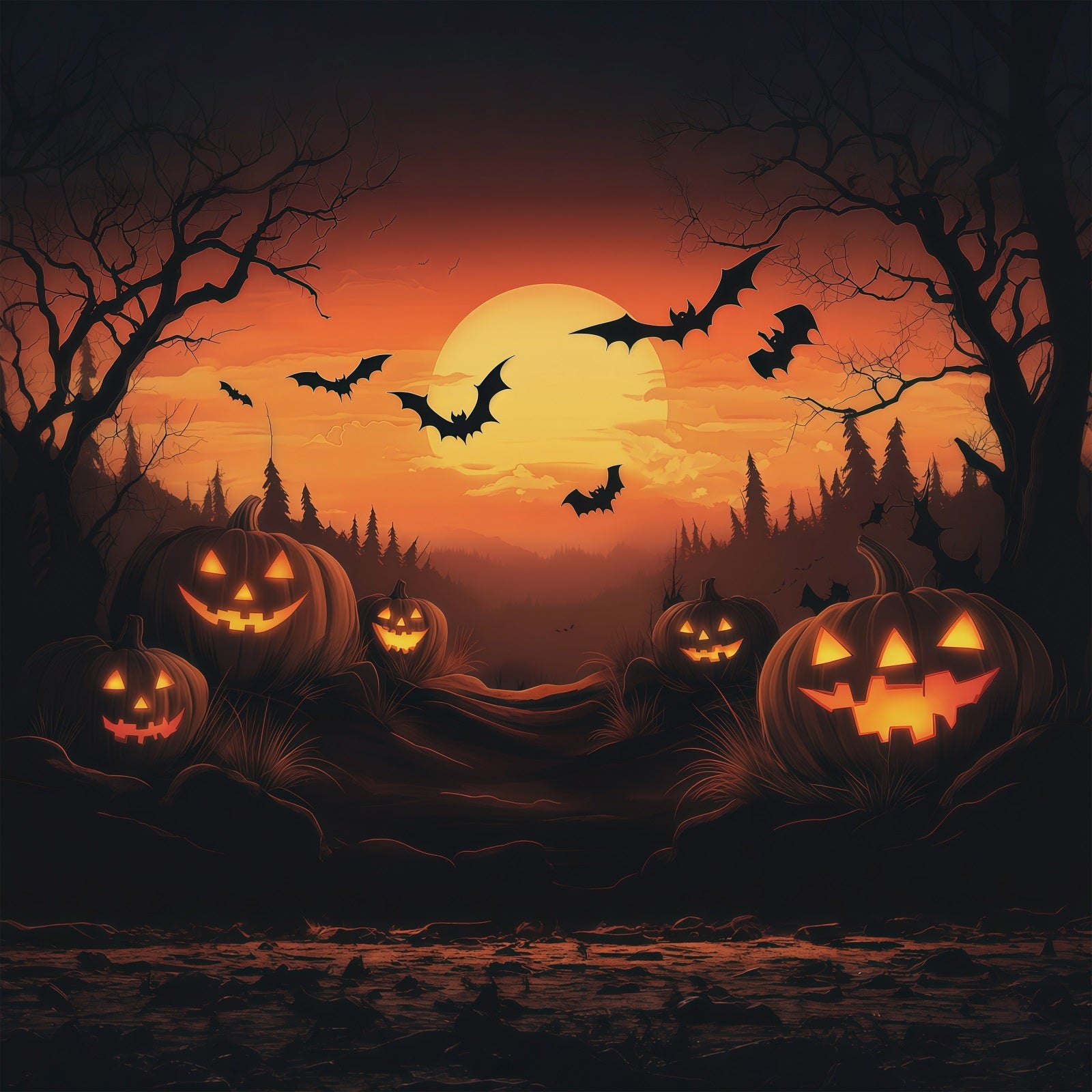 Photo Booth Halloween Backdrop Ideas Sunset Pumpkin Bat Forest Halloween Picture Backdrop UK RR67-115