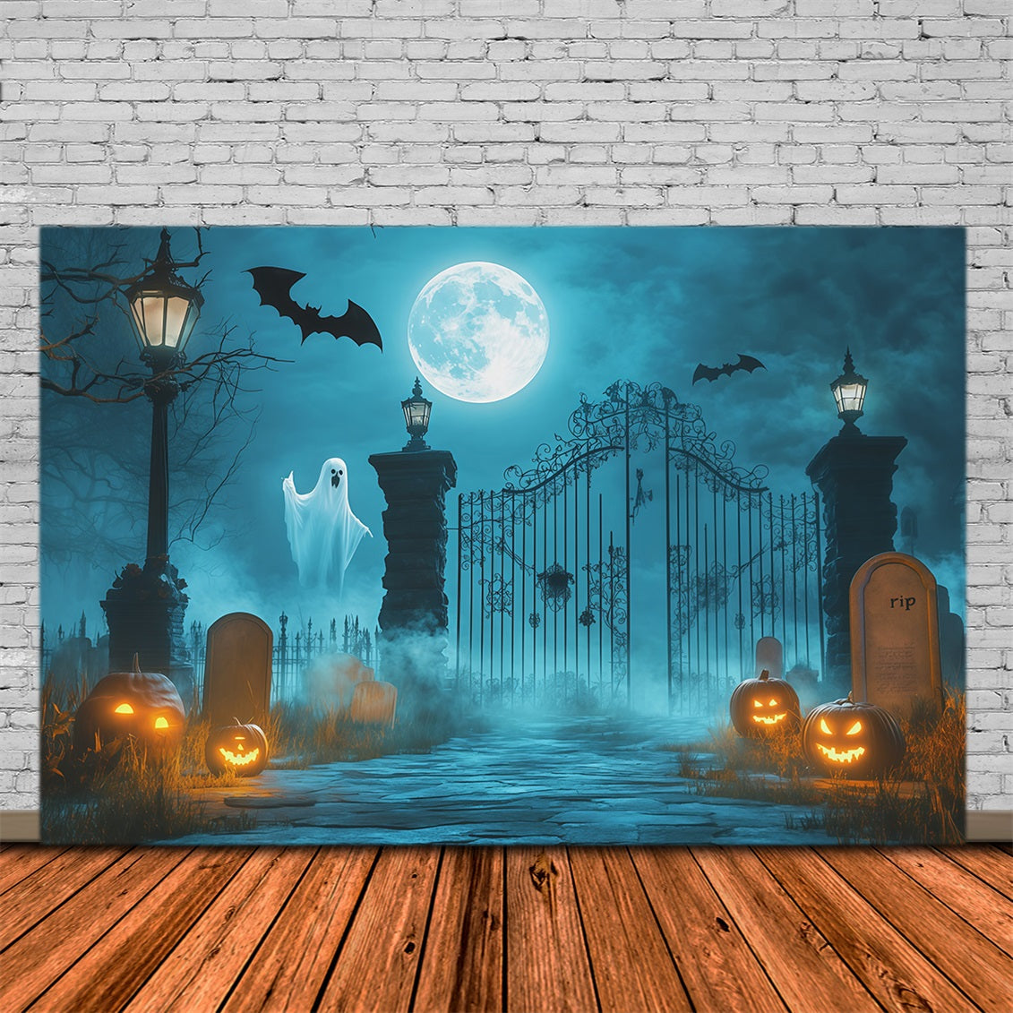 Halloween Ghost Backdrop Moonlit Ghost Cemetery Gate Scary Halloween Backdrop UK RR67-118