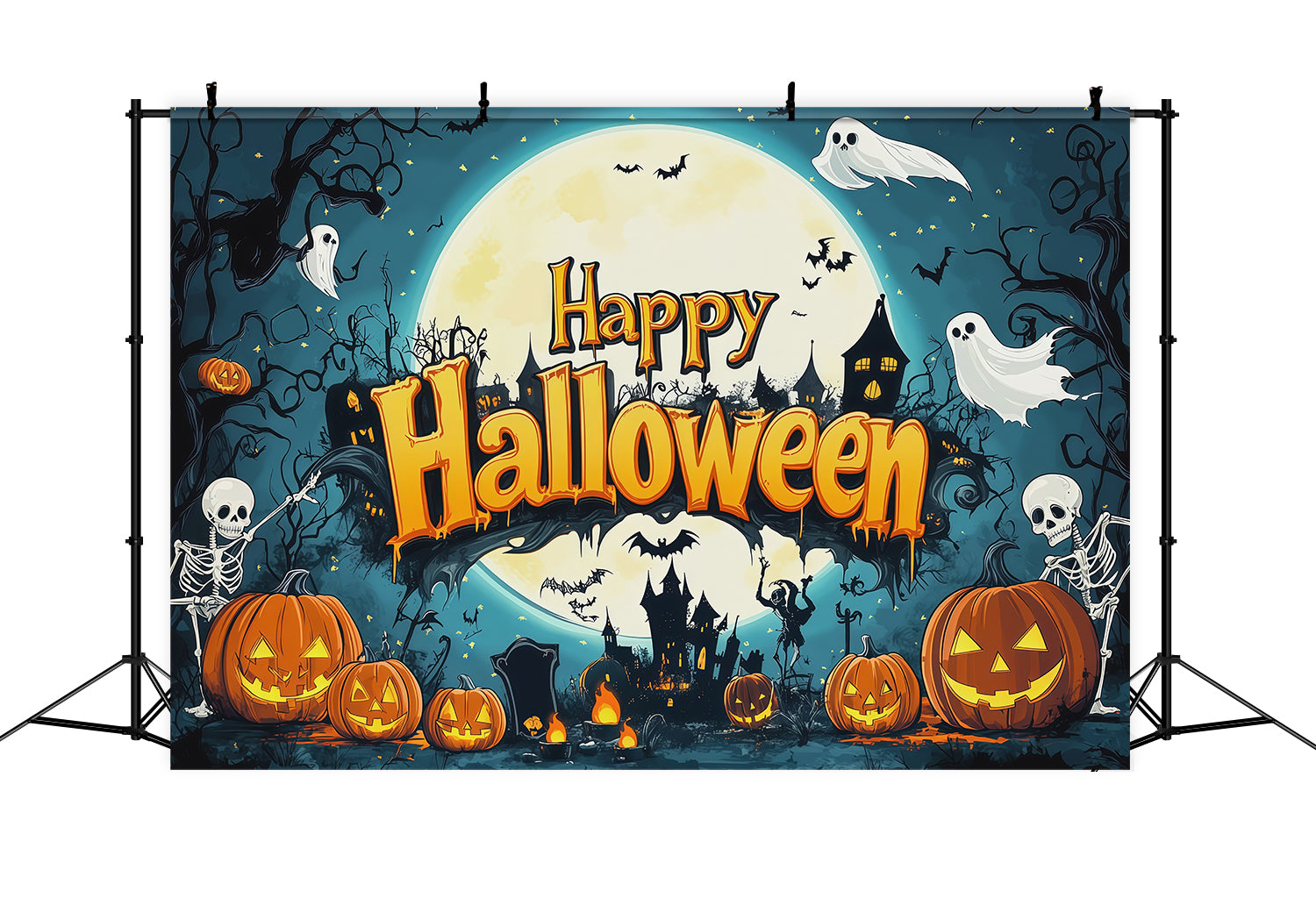 Backdrop Halloween Photo Booth Skeleton Pumpkin Moon Party Halloween Party Photo Backdrop UK RR67-120