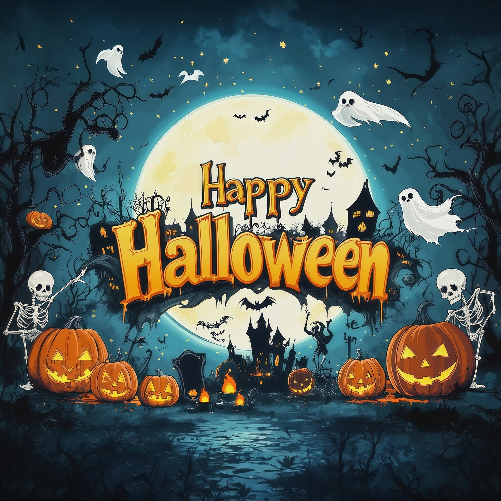 Backdrop Halloween Photo Booth Skeleton Pumpkin Moon Party Halloween Party Photo Backdrop UK RR67-120