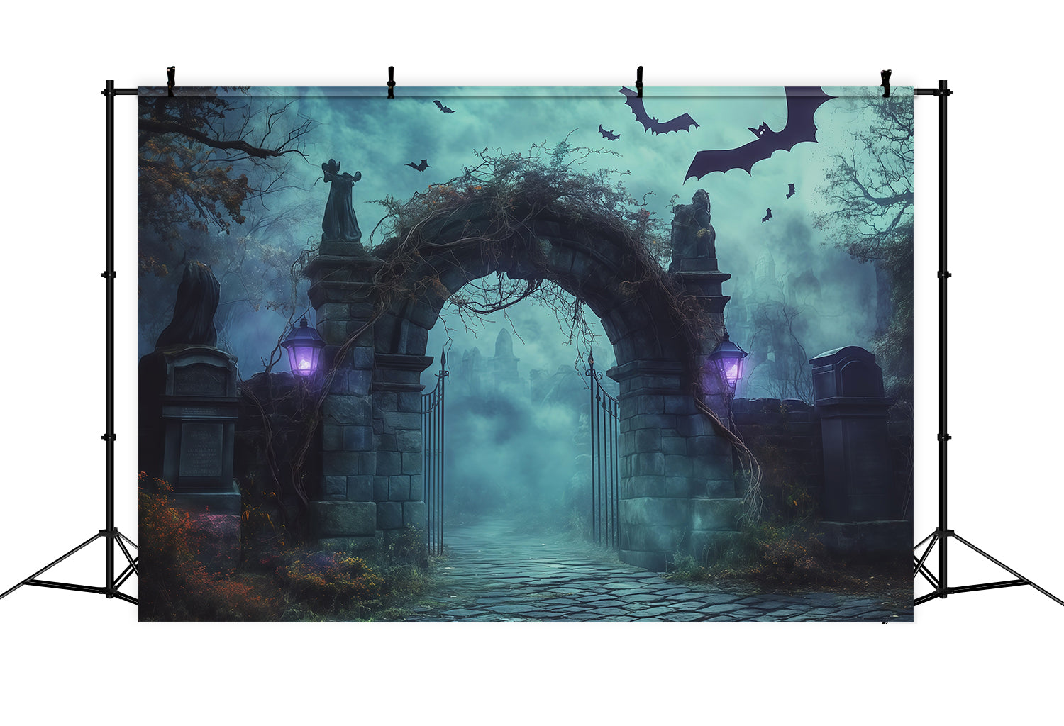 Halloween Backdrop Outdoor Foggy Cemetery Stone Arch Photo Backdrop Halloween UK RR67-121