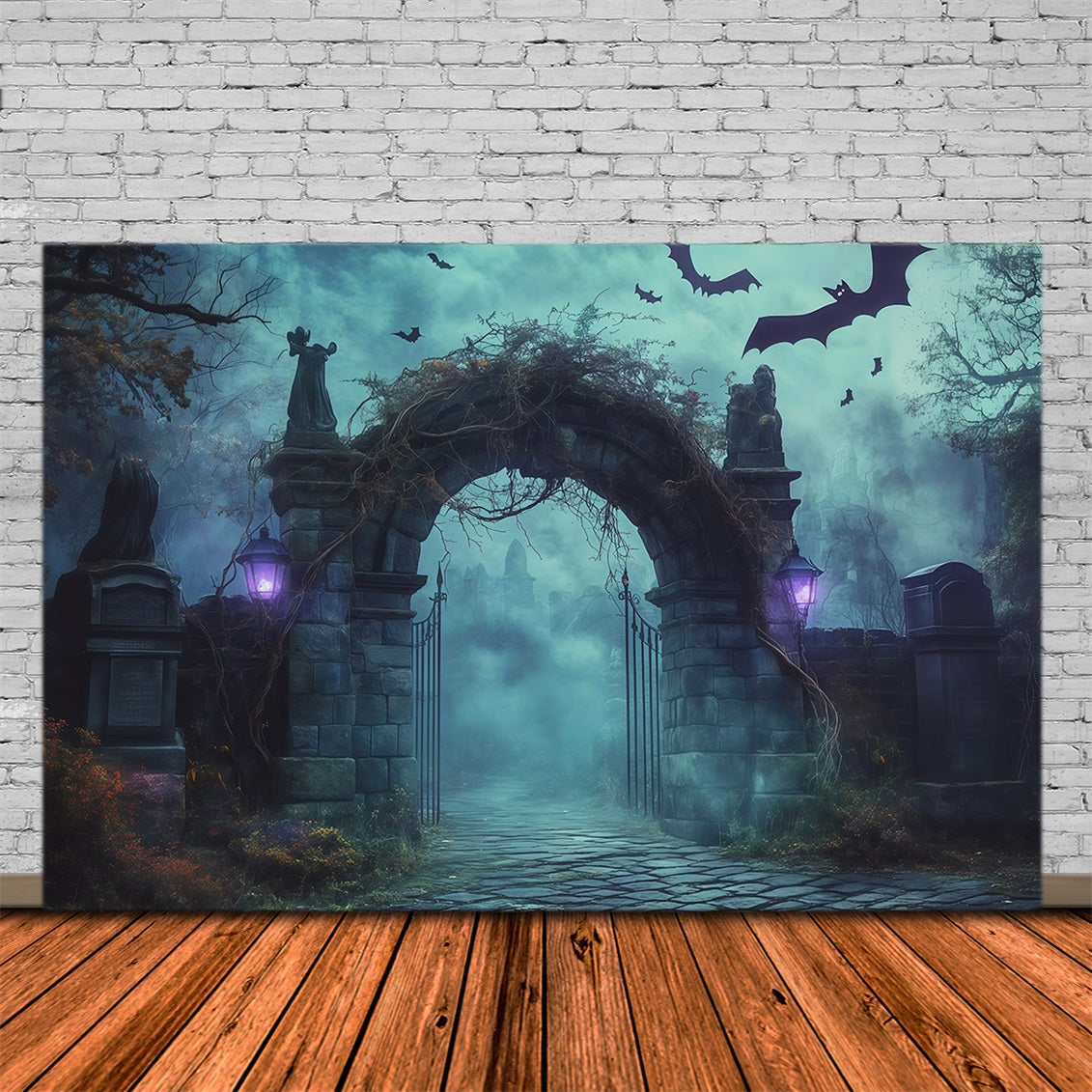 Halloween Backdrop Outdoor Foggy Cemetery Stone Arch Photo Backdrop Halloween UK RR67-121
