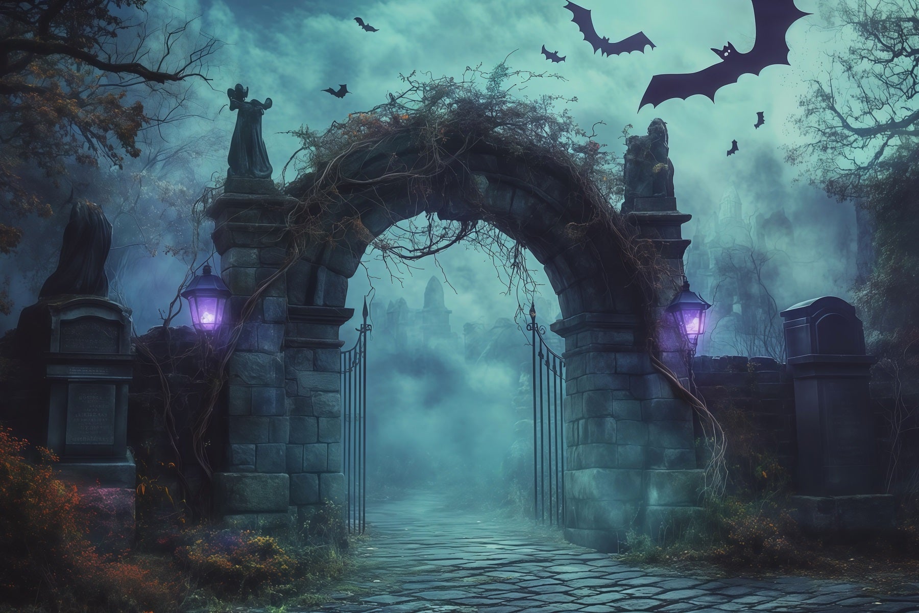 Halloween Backdrop Outdoor Foggy Cemetery Stone Arch Photo Backdrop Halloween UK RR67-121