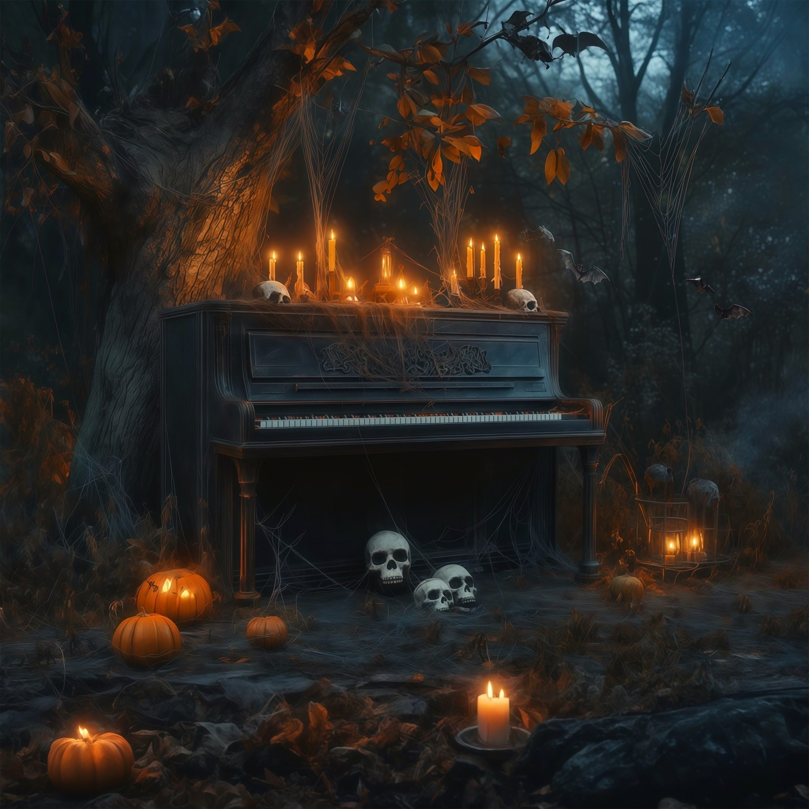 Halloween Graveyard Backdrops Candlelit Piano Skull Forest Photo Booth Halloween Backdrop UK RR67-122